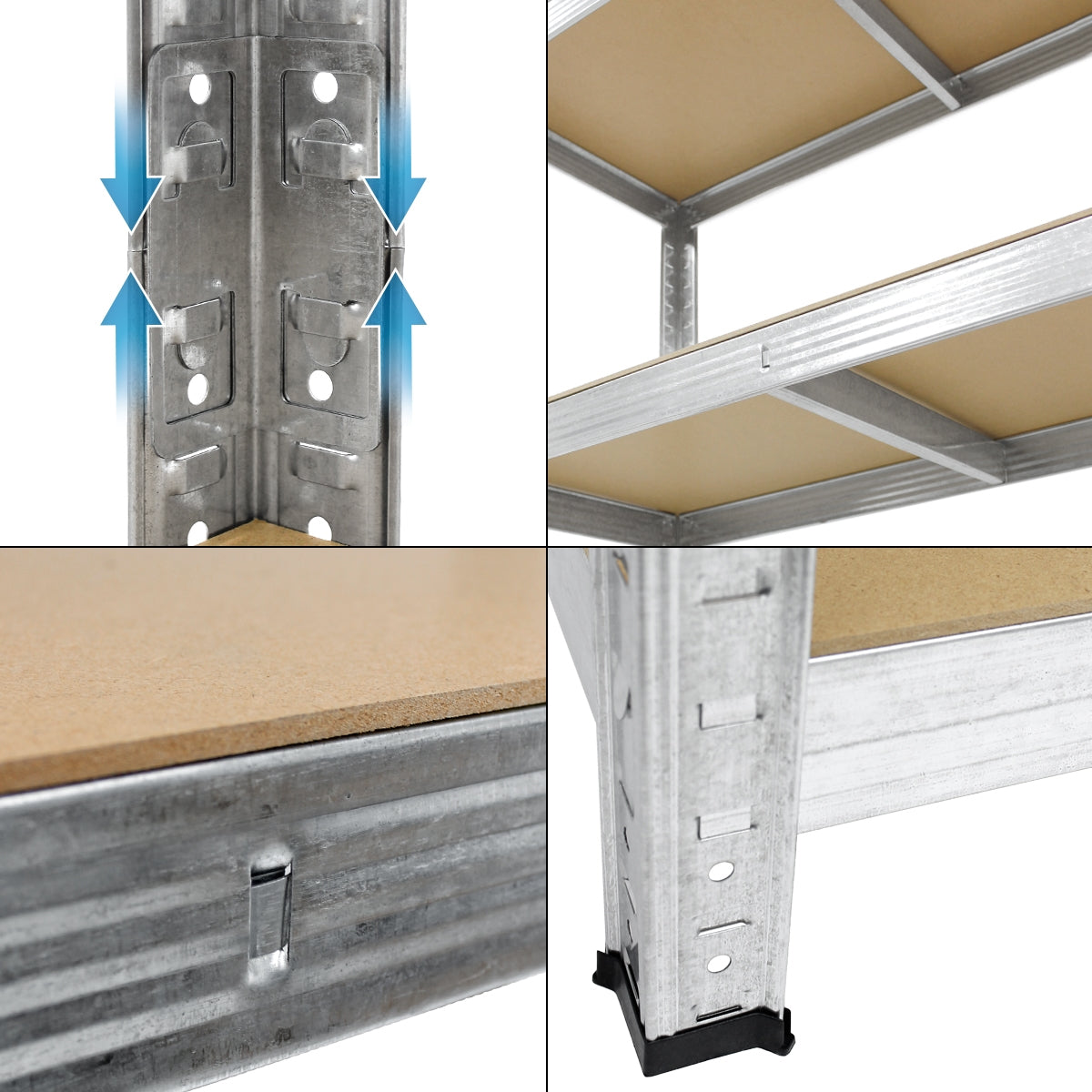 Detailansicht eines Metallregals mit Holzablagen und Verbindungselementen.