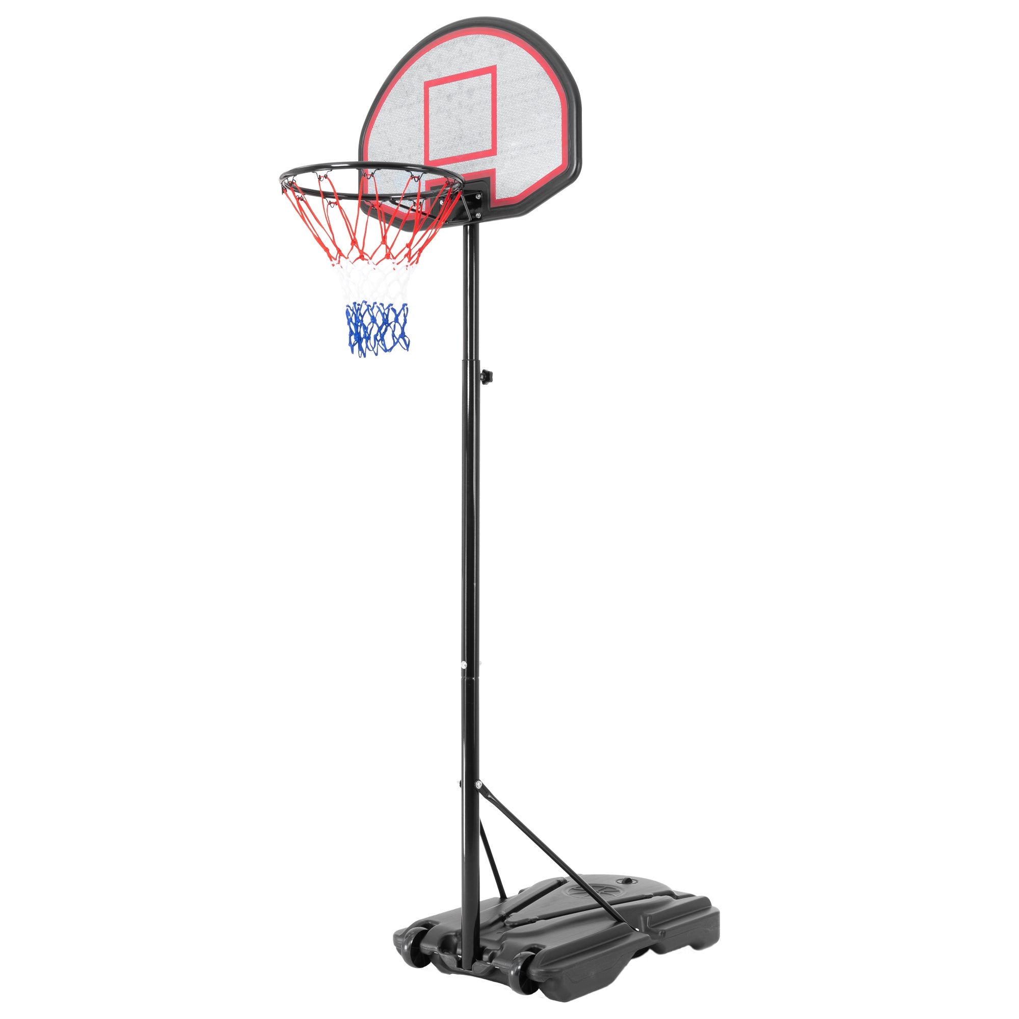 A basketball hoop on a stand with a net.