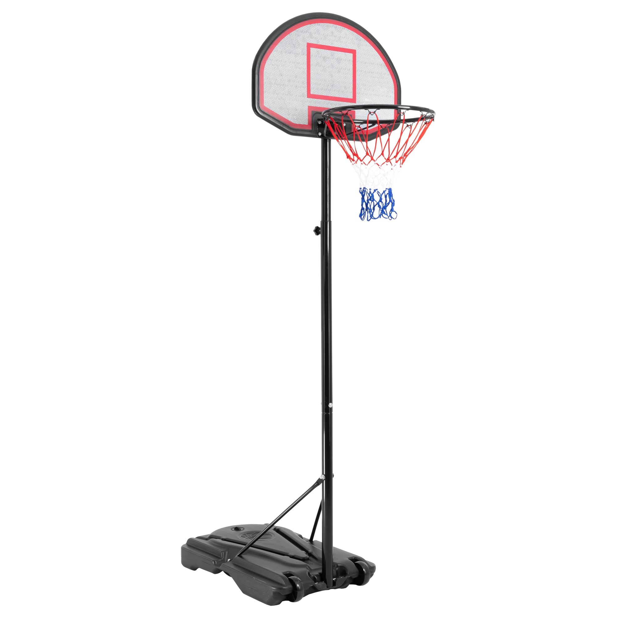 Basketball hoop with net on a sturdy base.