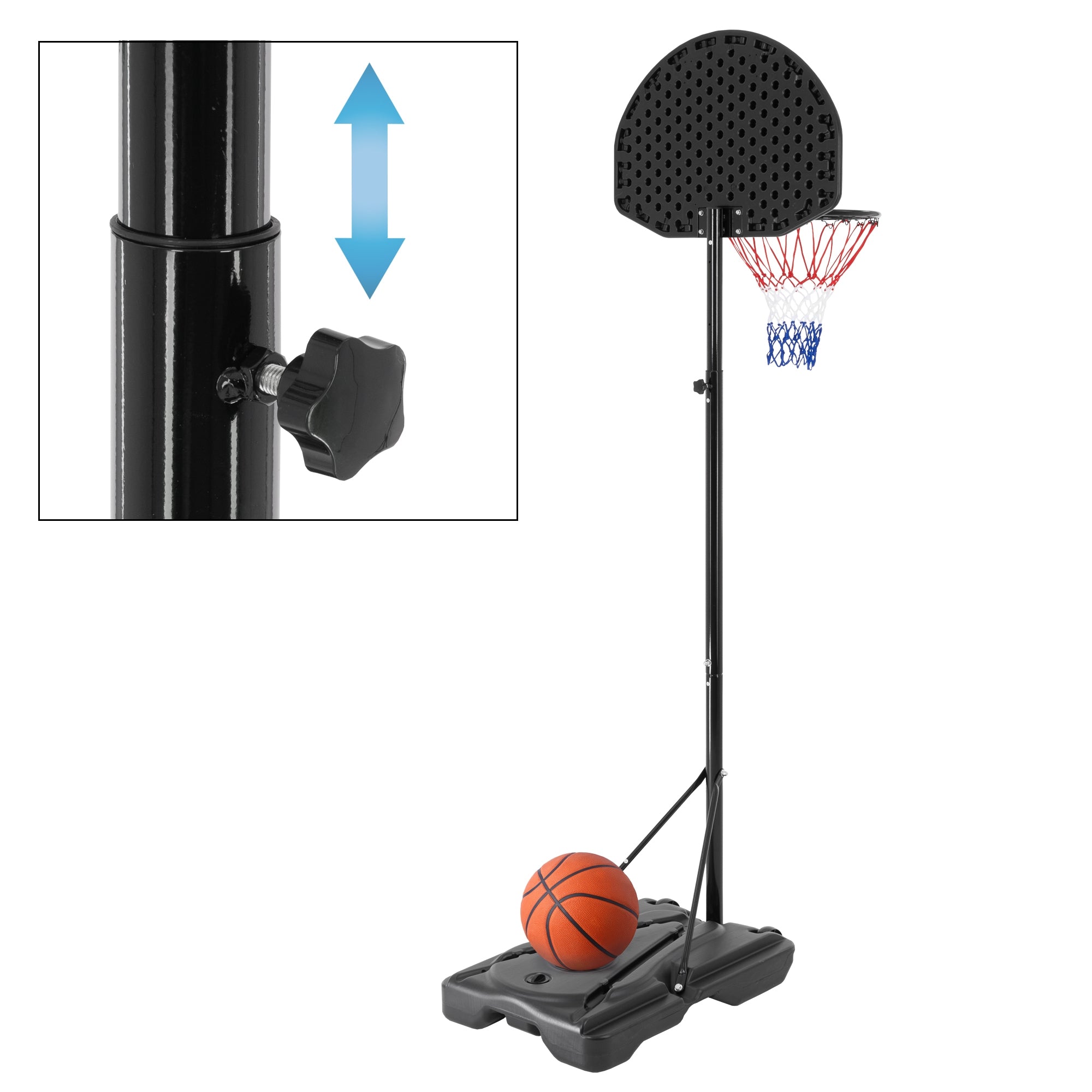 Close-up view of an adjustable basketball hoop with a ball.