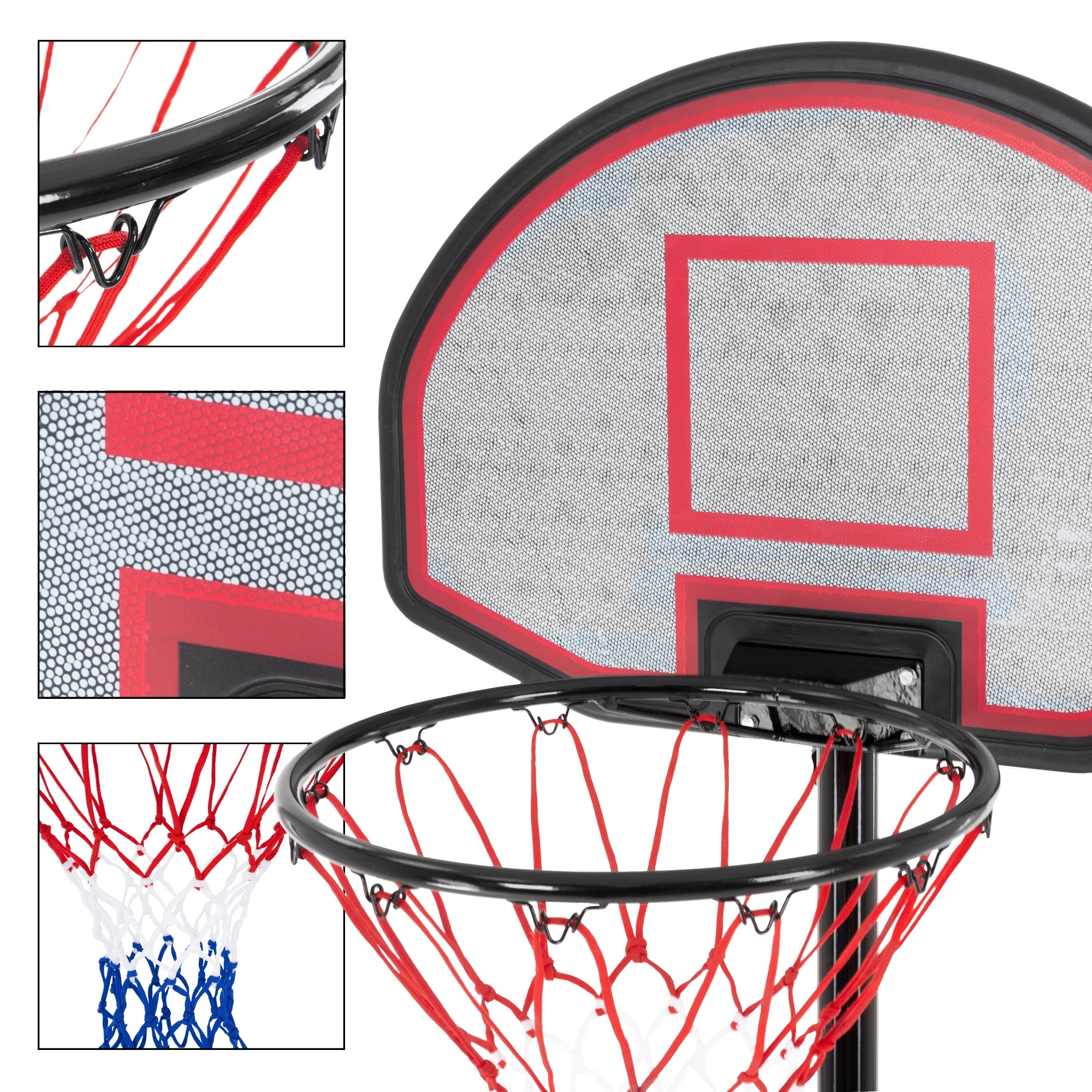 Basketball hoop with net and backboard in close-up.