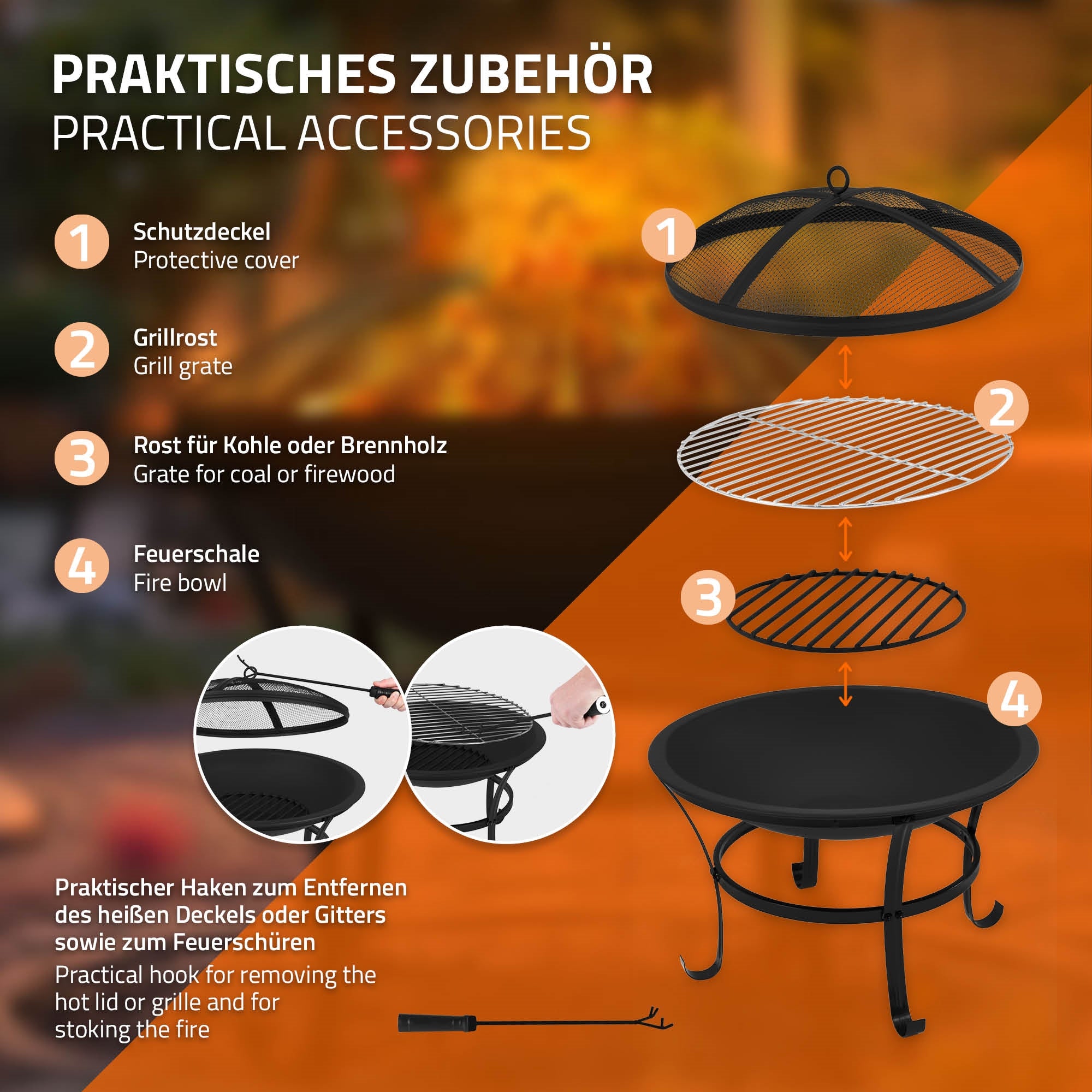 Diagramm mit verschiedenen Grillzubehörteilen und deren Funktionen.