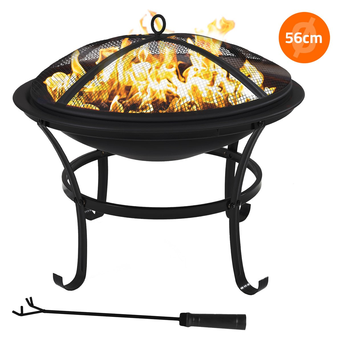Fire basket with flames, on a stand, with a tool.