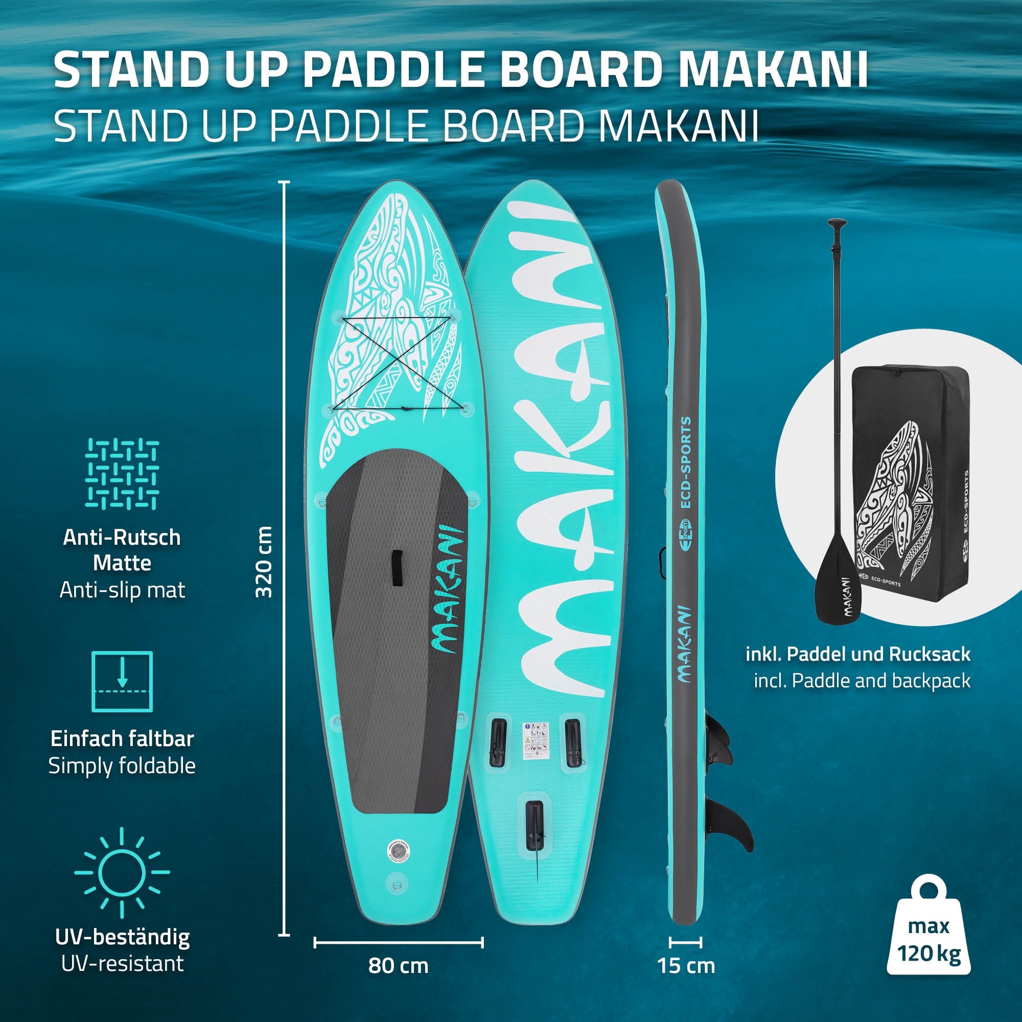 Stand Up Paddle Board in Türkis mit Zubehör und technischen Details.