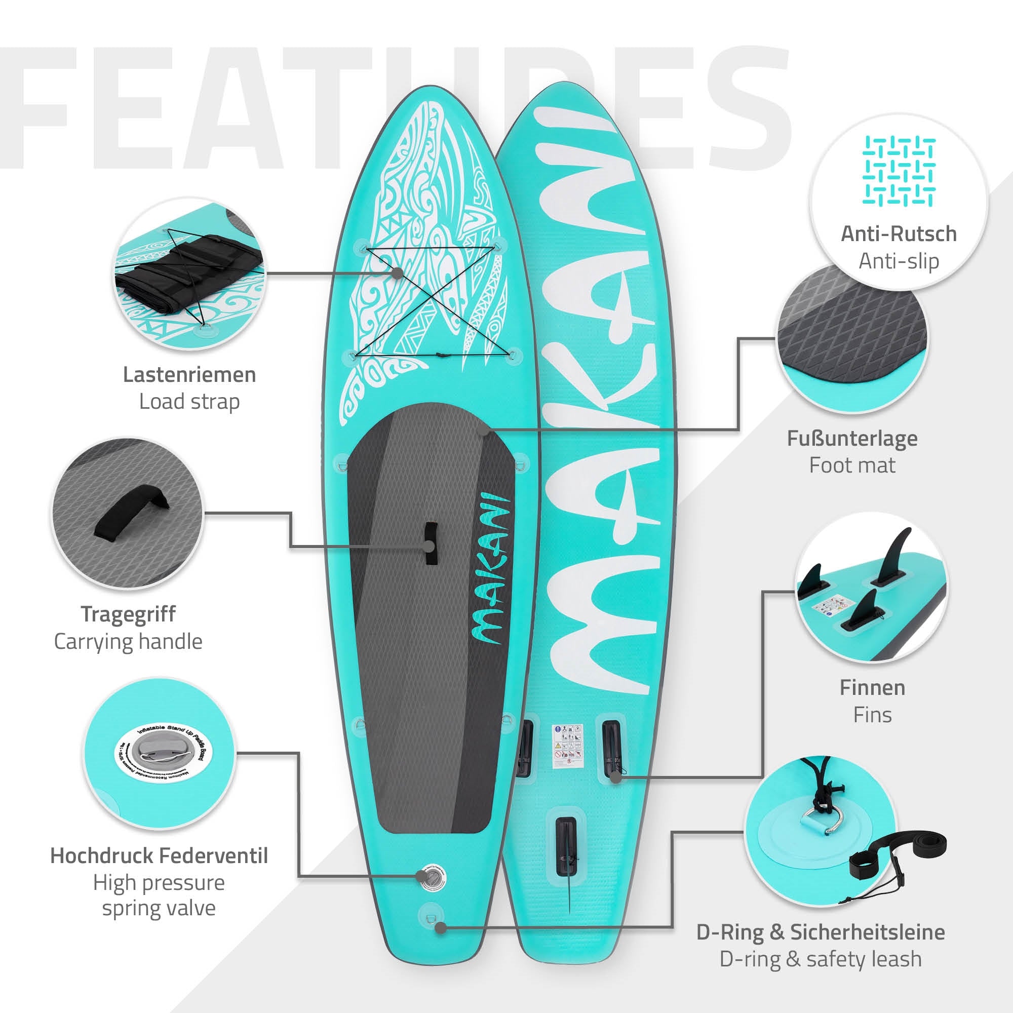 Detailansicht eines Türkisfarbenen Stand-Up-Paddle-Boards mit Funktionen.