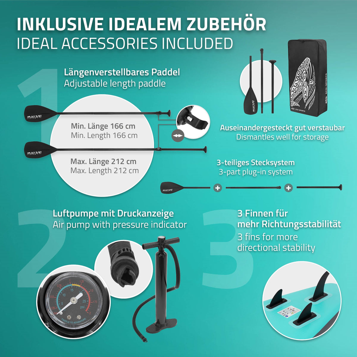 Paddle-Board-Zubehör mit verstellbarem Paddel und Luftpumpe.