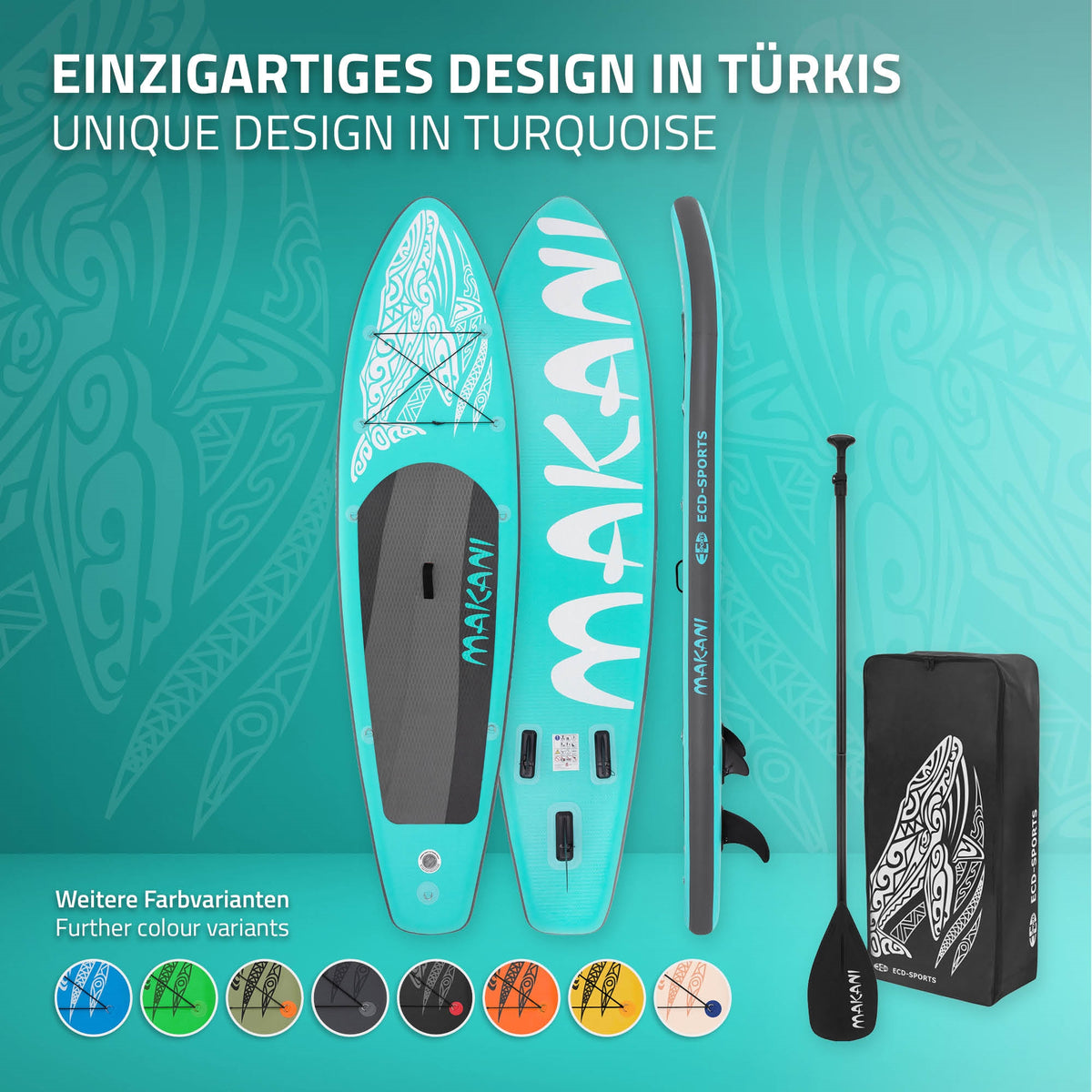 Stand-Up-Paddle-Board in Türkis mit Logo und Zubehör.