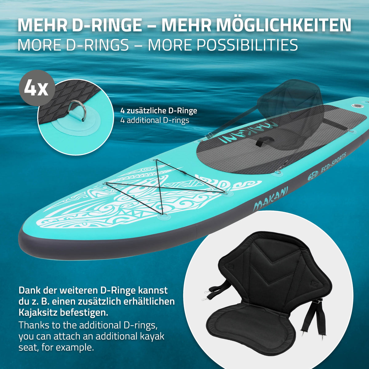 Stand-Up-Paddle-Board mit D-Ringen und Sitzoptionen.