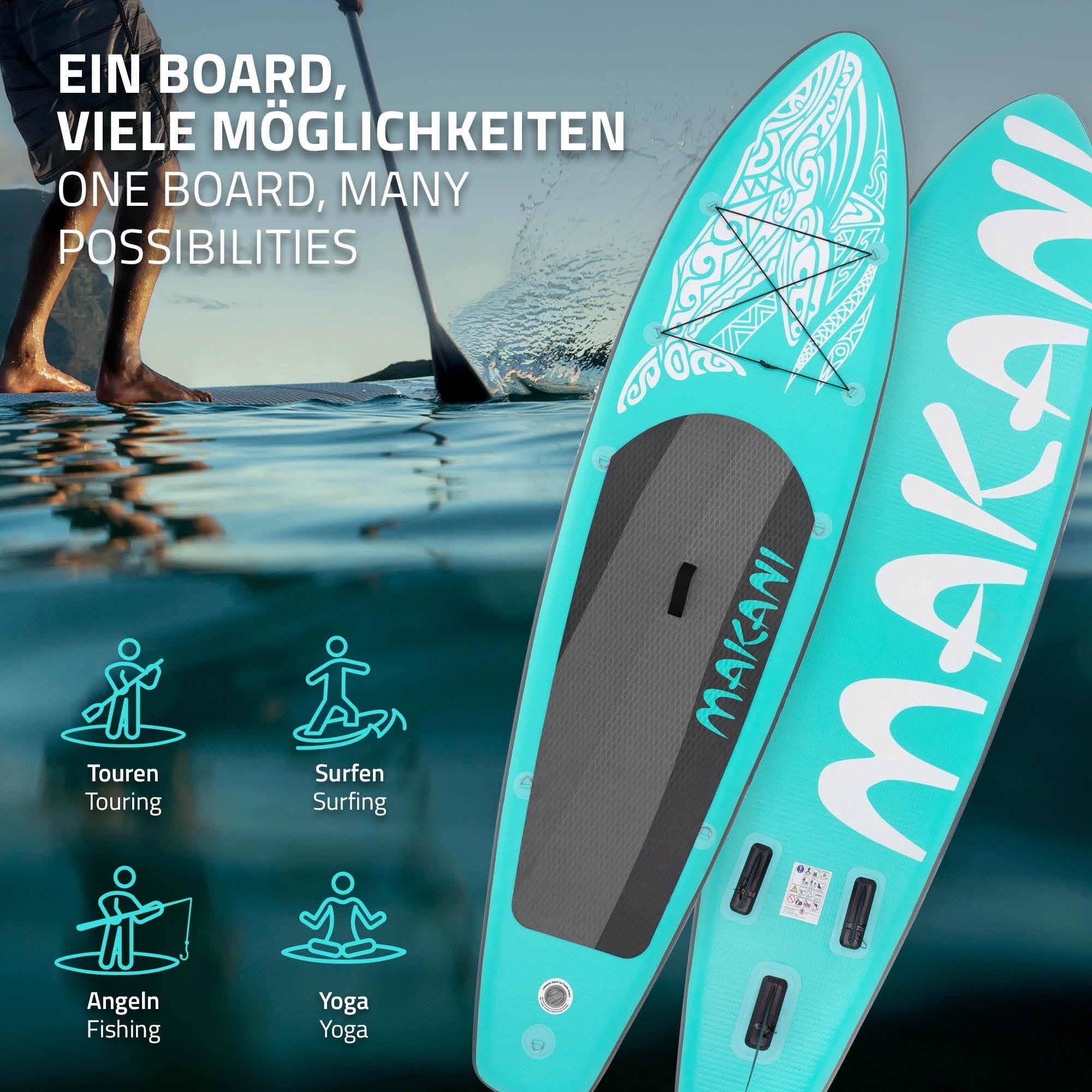 Paddle Board in Türkis mit Nutzungsmöglichkeiten auf dem Wasser.