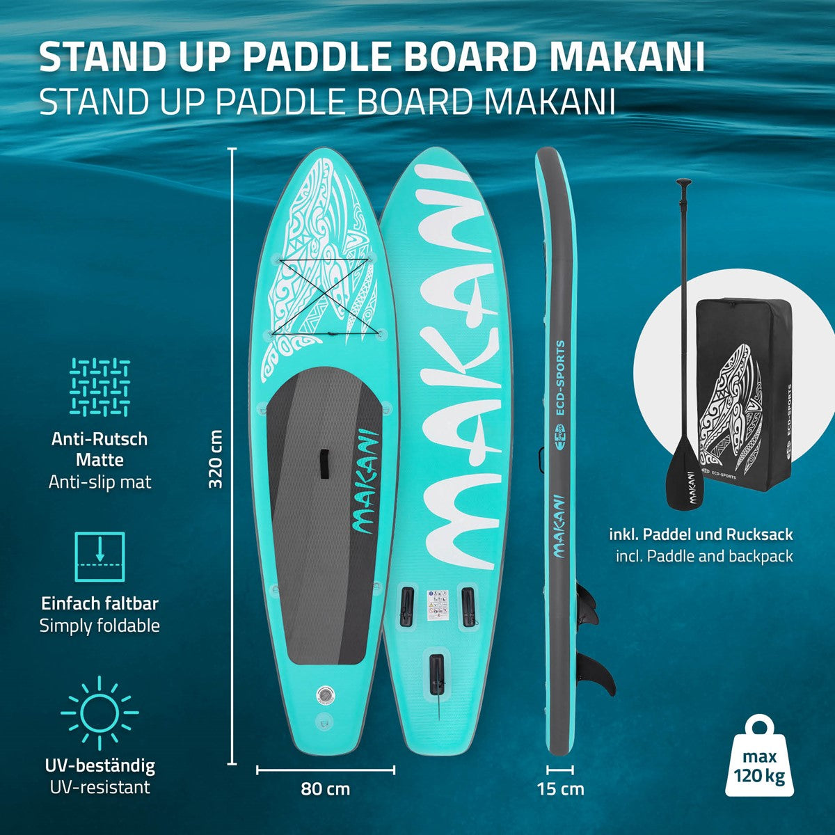 Image d’une planche de stand-up paddle bleue avec des accessoires et des détails techniques.