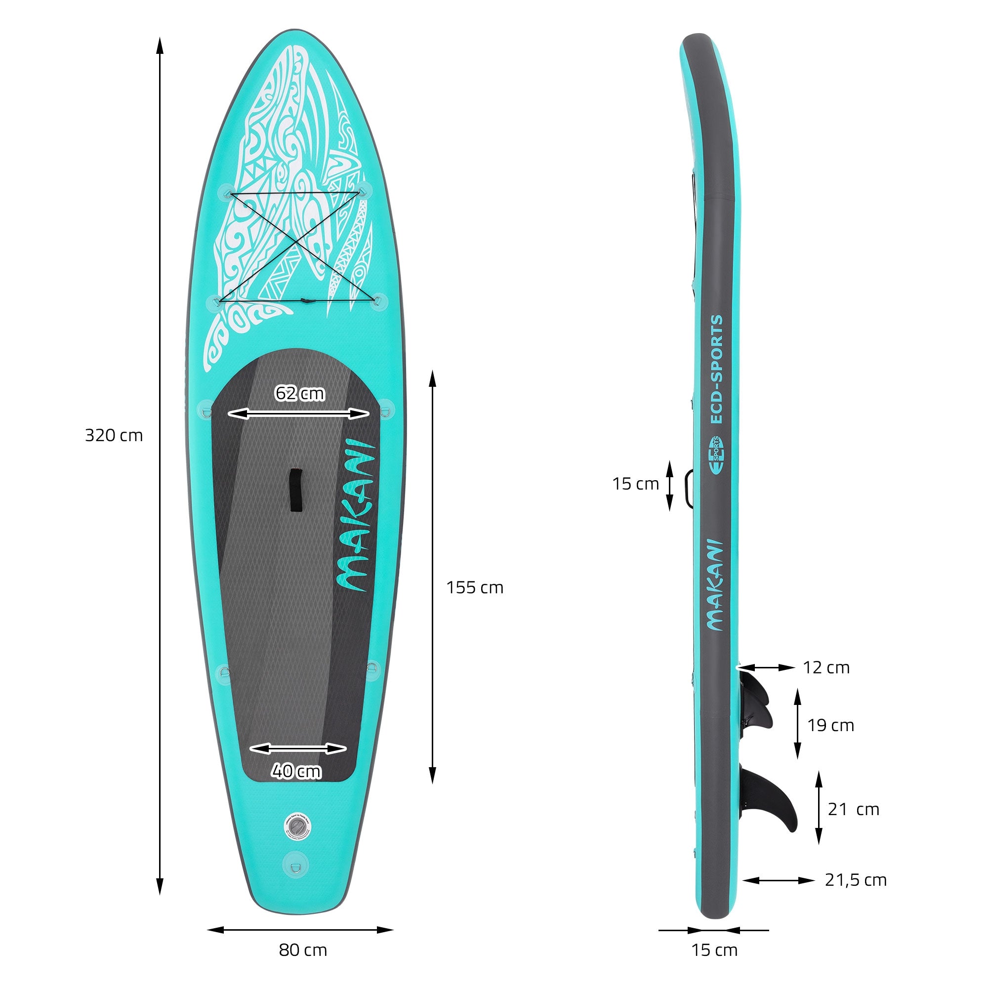 Ein Stand-Up-Paddle-Board mit Maßen und Design in Türkis und Schwarz.