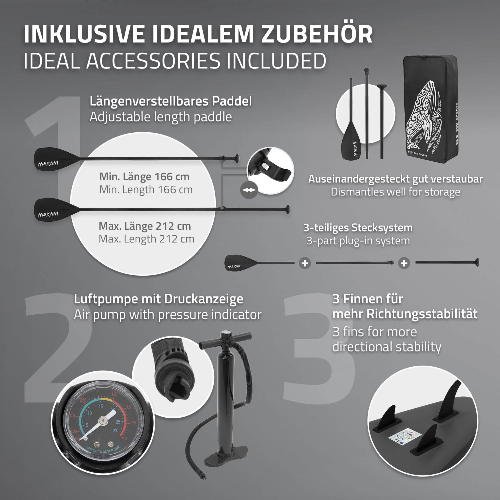 Grafiek met accessoires voor een Stand Up Paddleboard, inclusief peddel en luchtpomp met drukmeter.