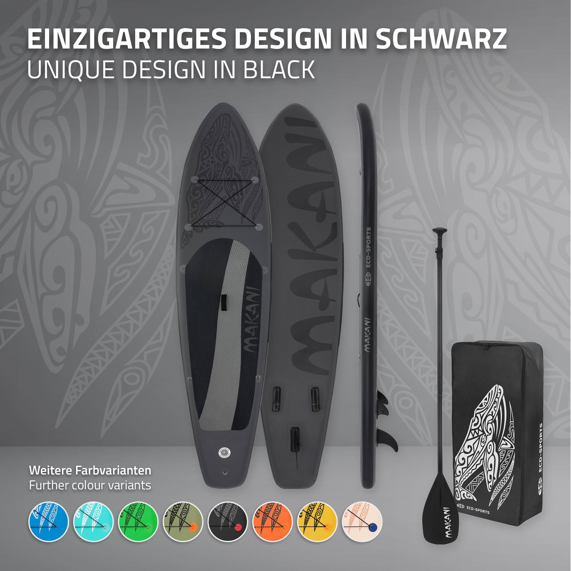 Zwart Stand-Up-Paddleboard met uniek ontwerp.