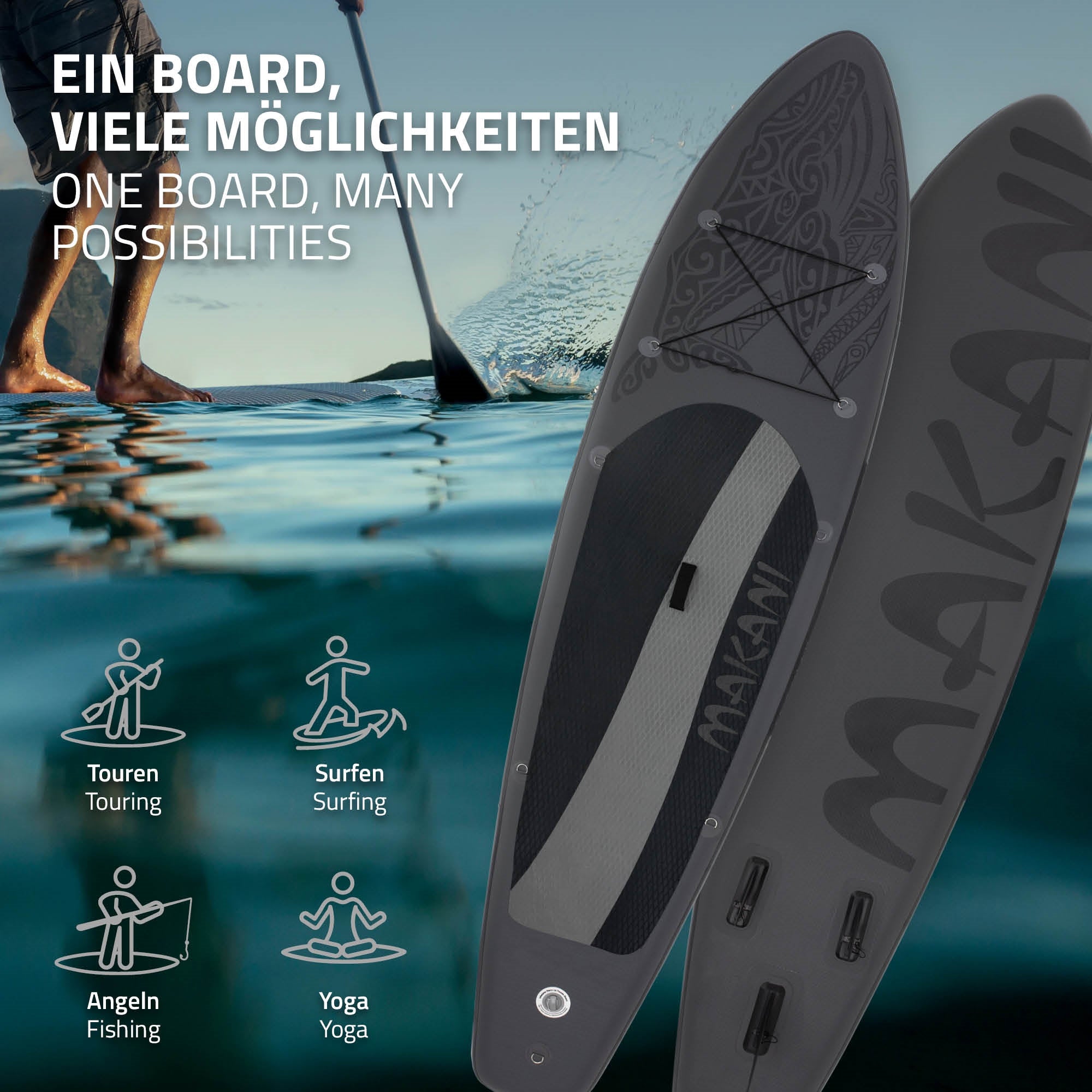 Paddleboard met verschillende gebruiksmogelijkheden op het water.