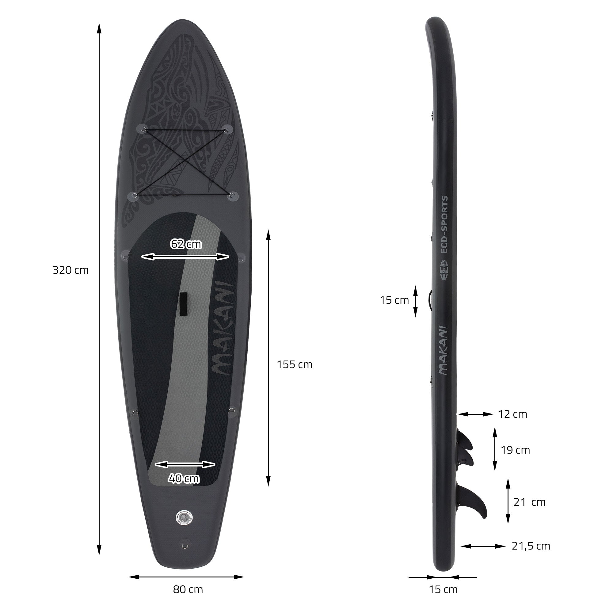 Maataanduiding van een Stand Up Paddleboard met lengtes en breedtes.