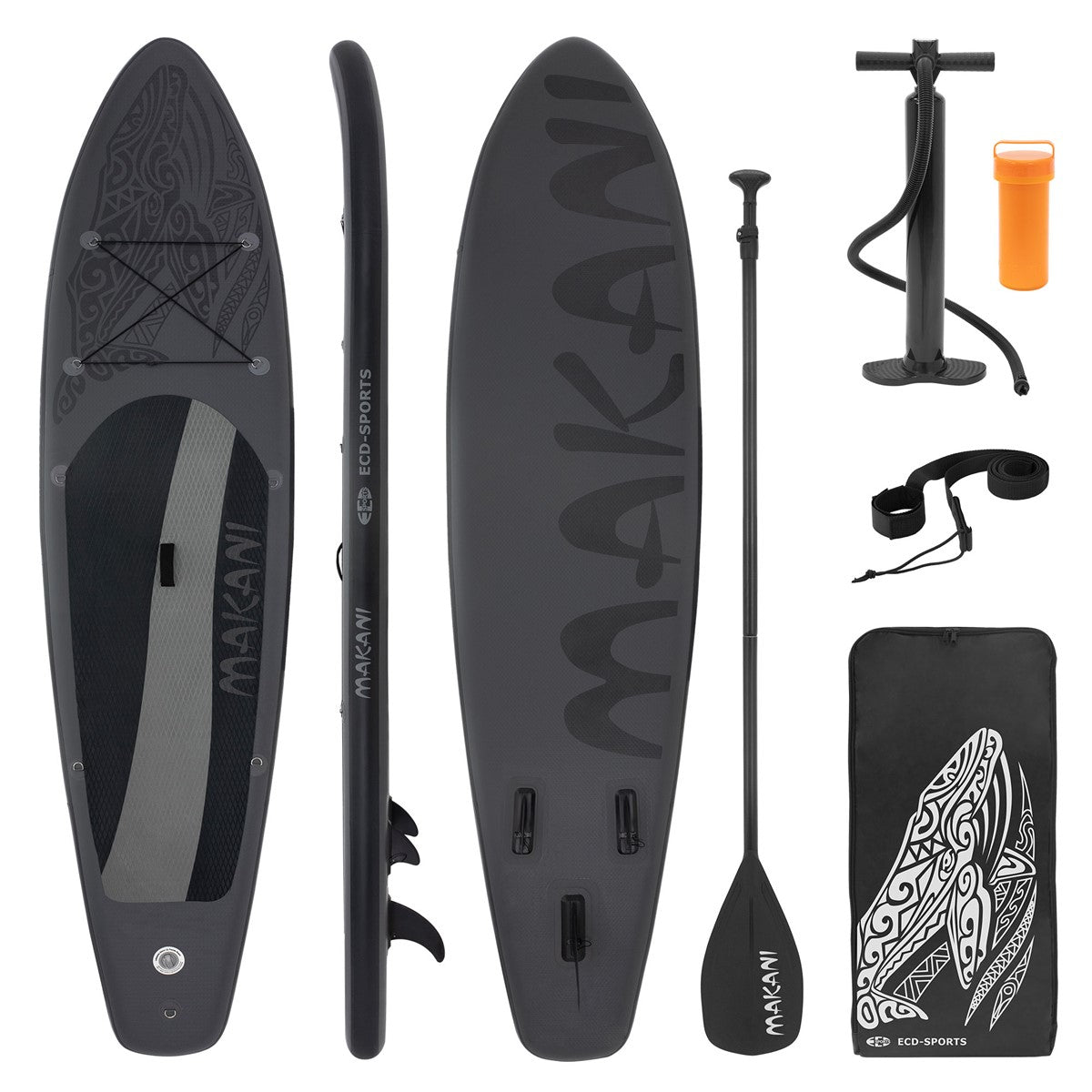 Planche de paddle avec accessoires, pompe et sac de transport.