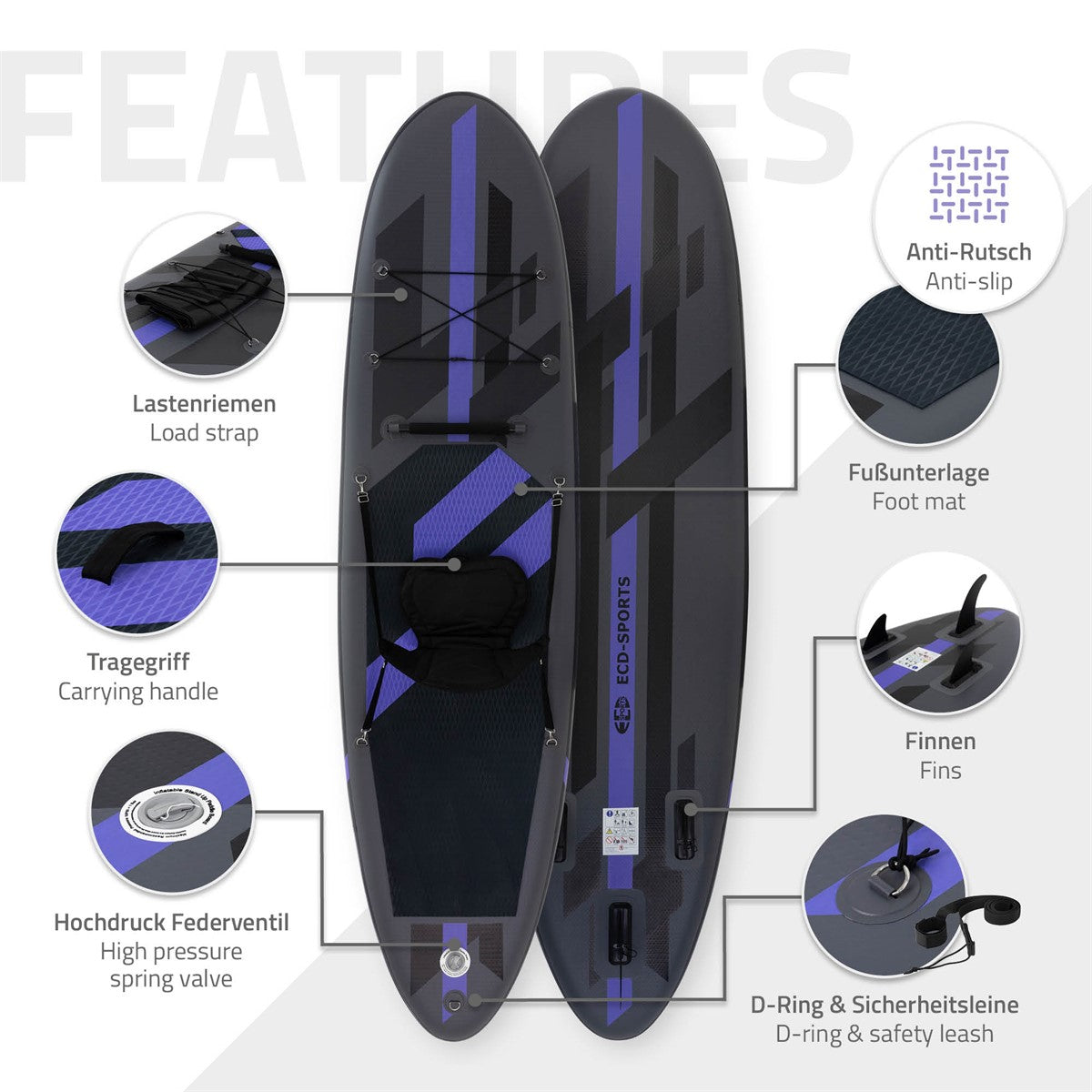 Két Stand-Up-Paddle-Board különböző jellemzőkkel és feliratokkal.