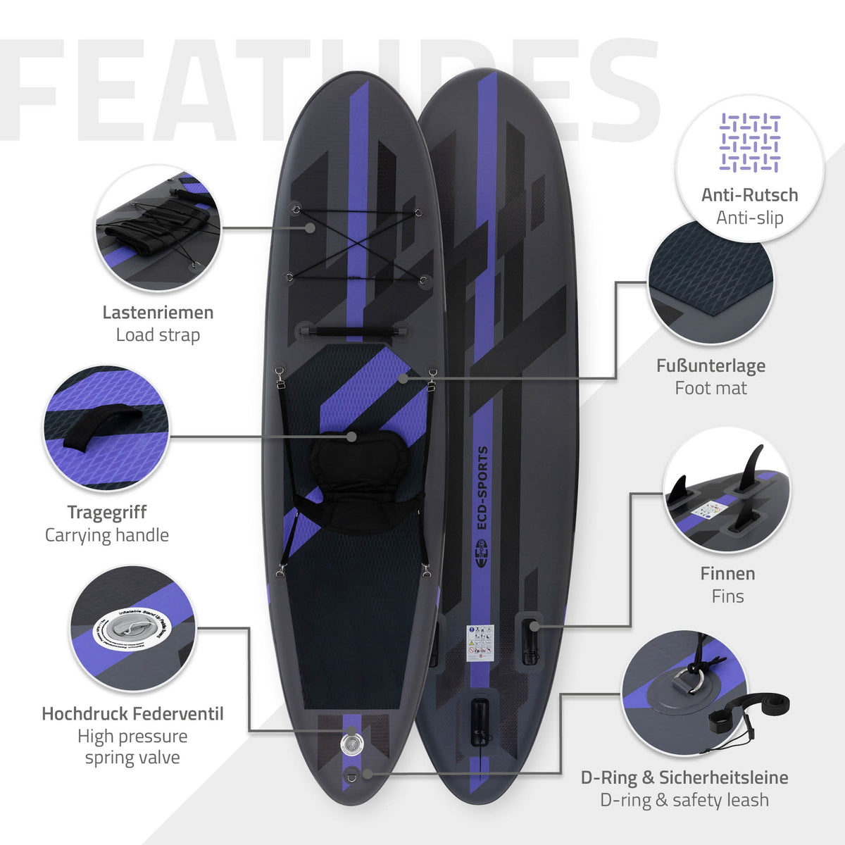 Deux planches de Stand Up Paddle avec différentes caractéristiques et étiquettes.