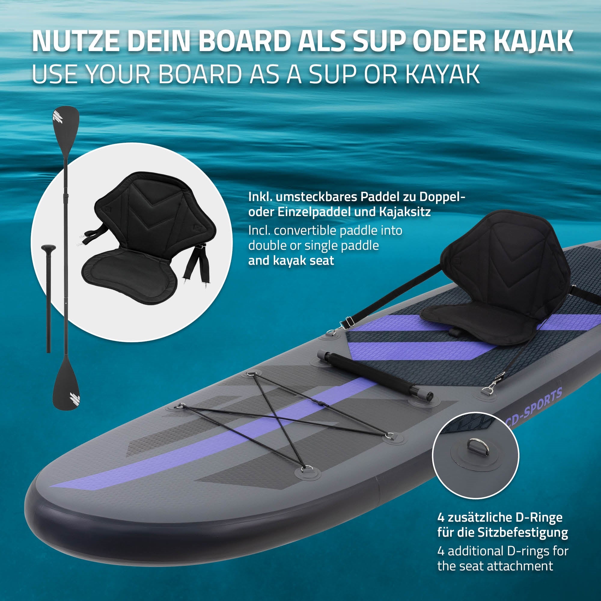 Stand-Up-Paddle-Board s možností sedění a D-kroužky.