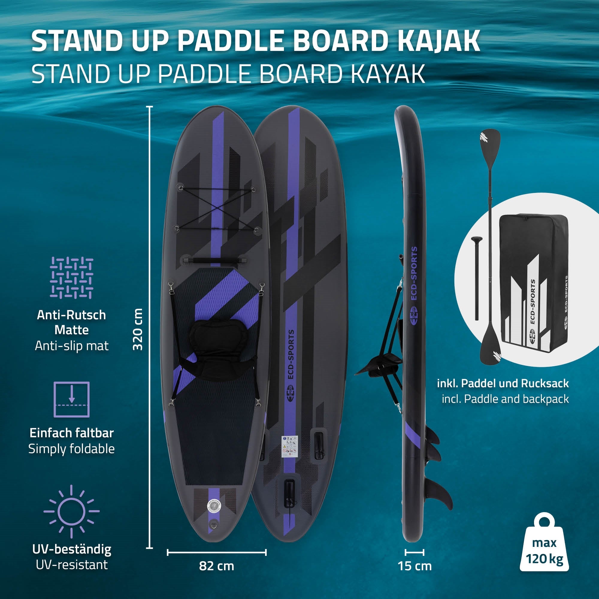 Stand Up Paddle Board kajak s technickými detaily a příslušenstvím.