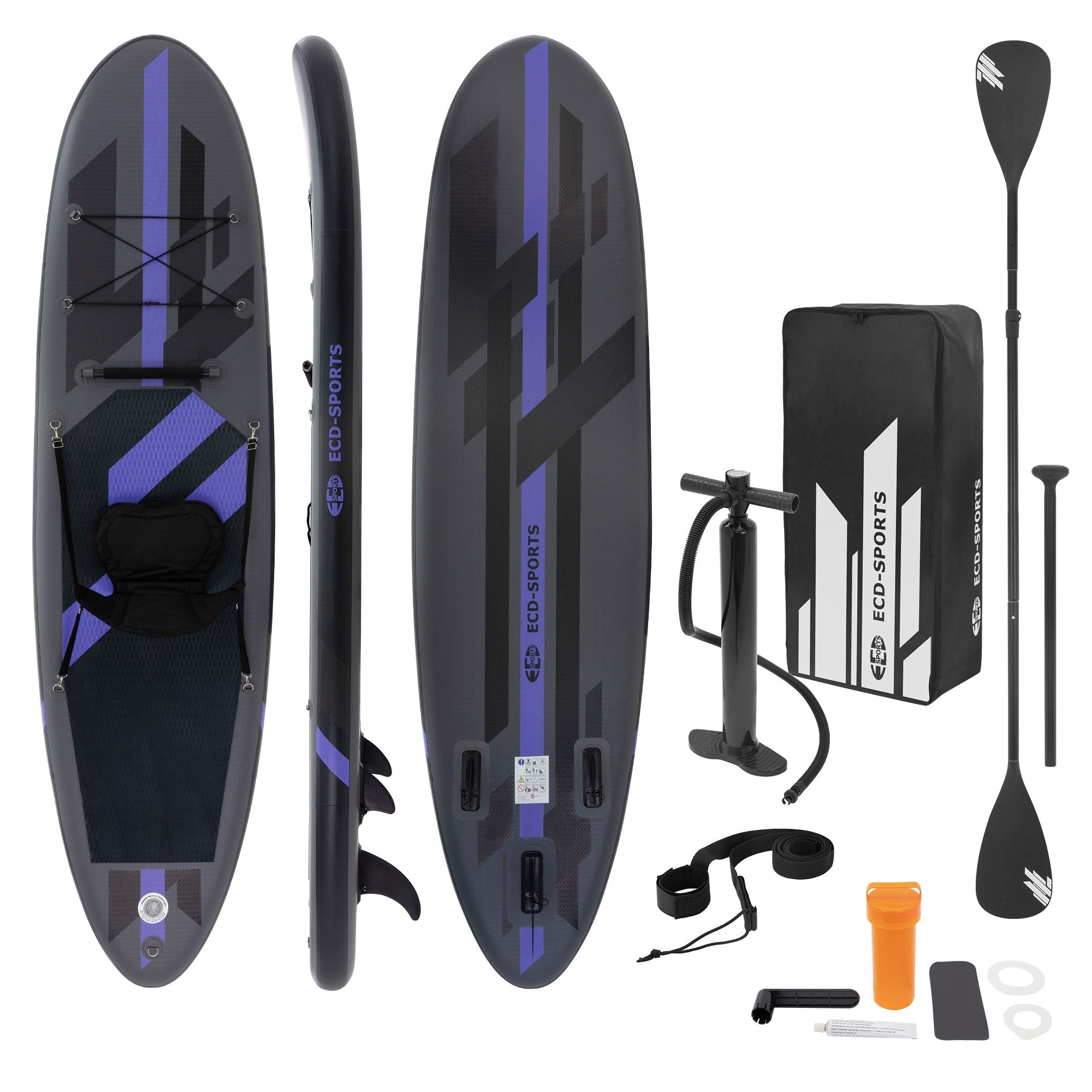 Stand Up Paddle Board v černé a fialové barvě, viditelný z vrchu a z boku.