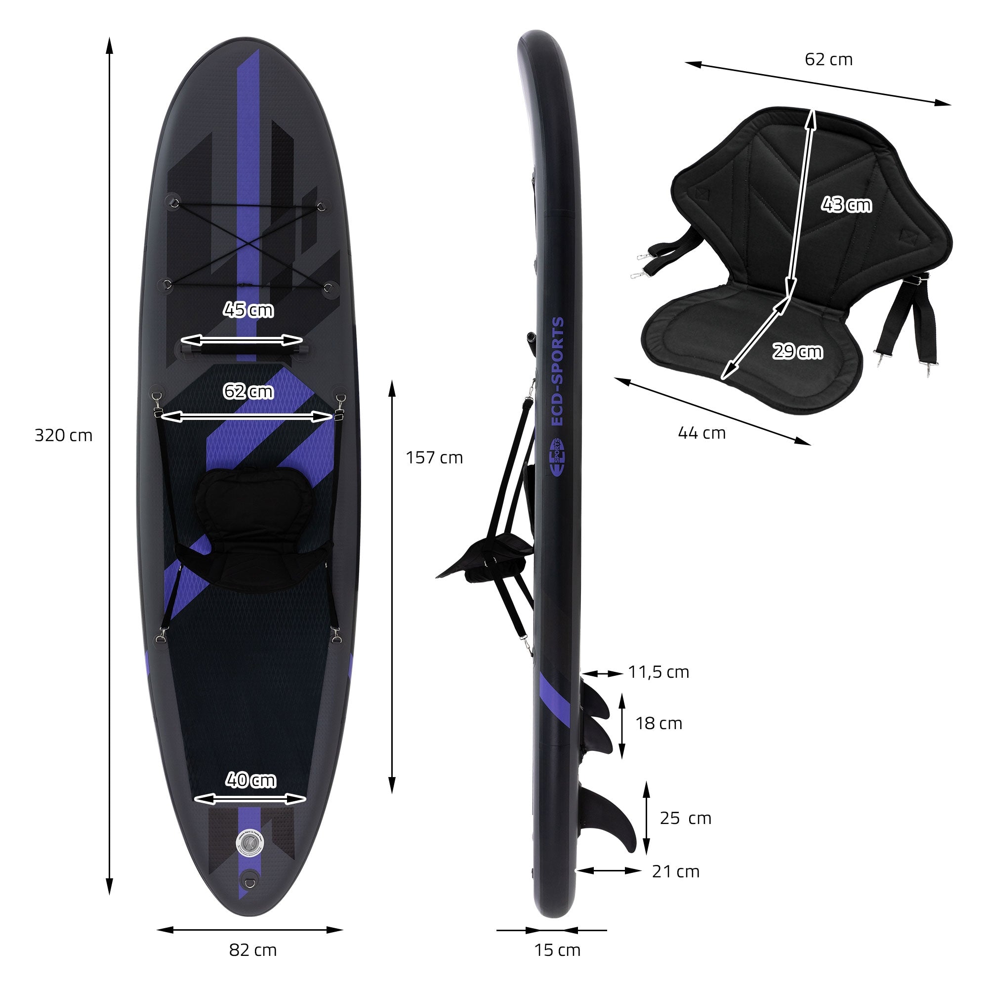 Rozměrový nákres černého paddleboardu se sedadlem a rozměry.