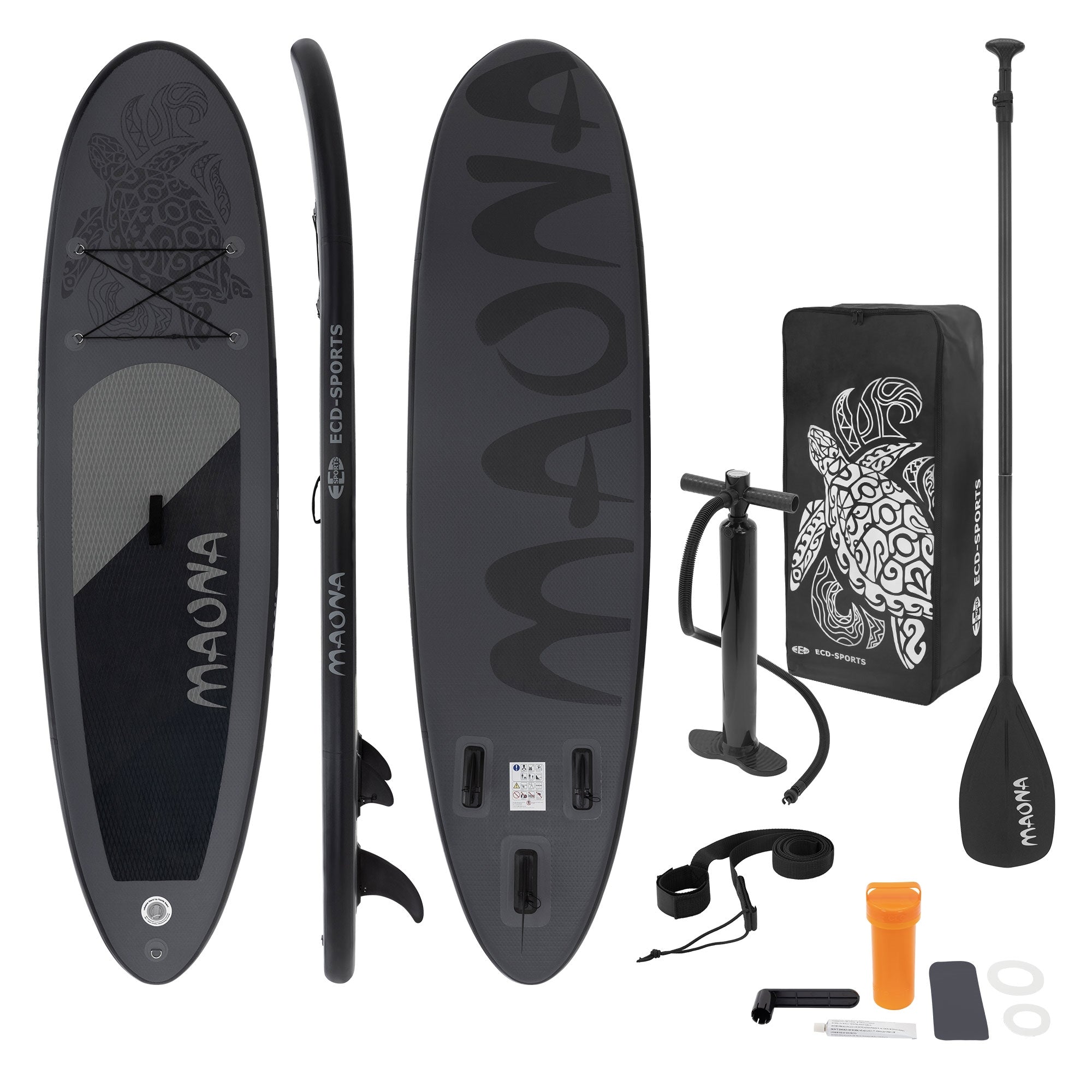 Schwarzes Stand-Up-Paddle-Board mit Zubehör auf einem weißen Hintergrund.