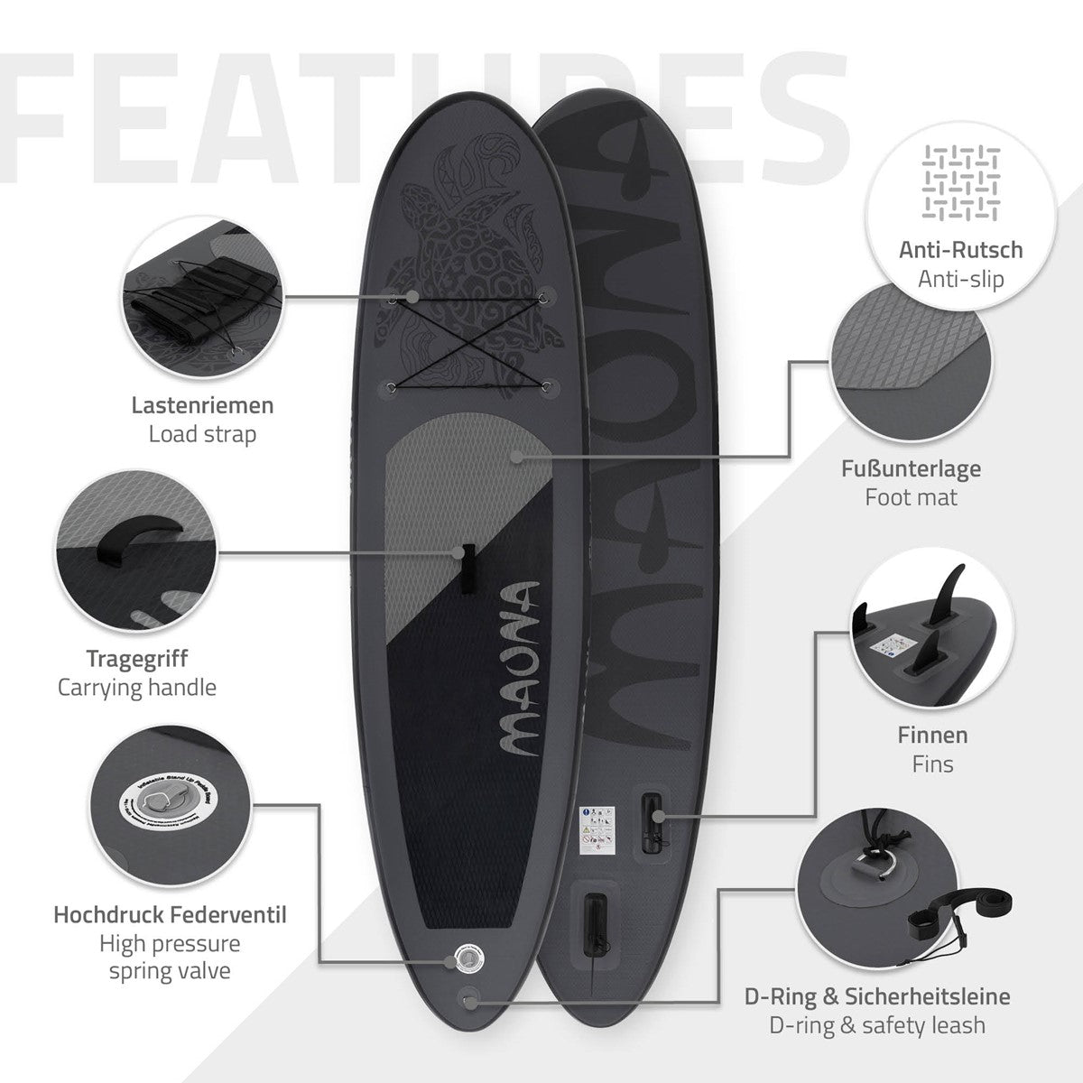 Illustration présentant les caractéristiques d’un paddleboard noir.
