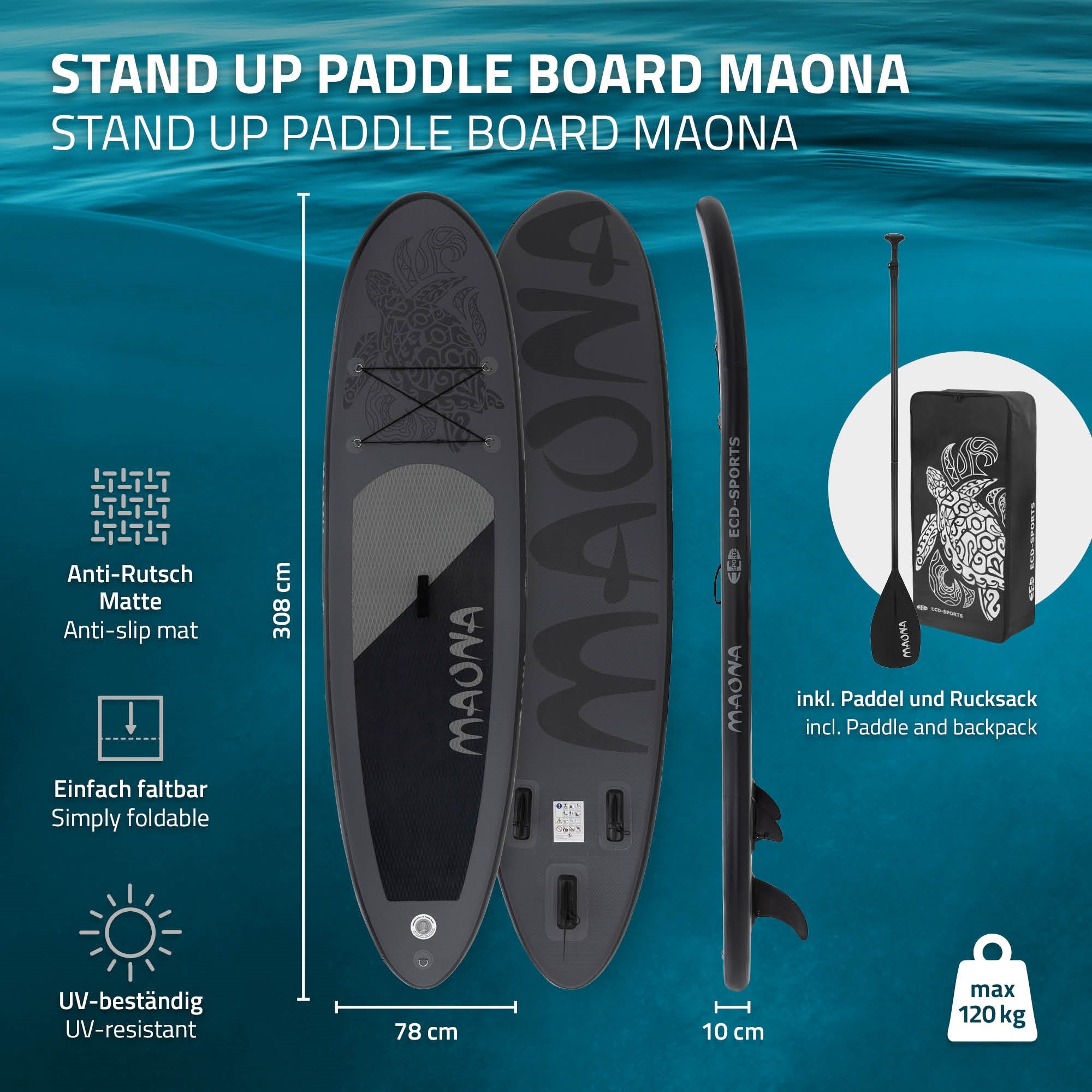 Musta Stand-Up-Paddle-Board liukumattomalla pinnalla ja kantokassilla.