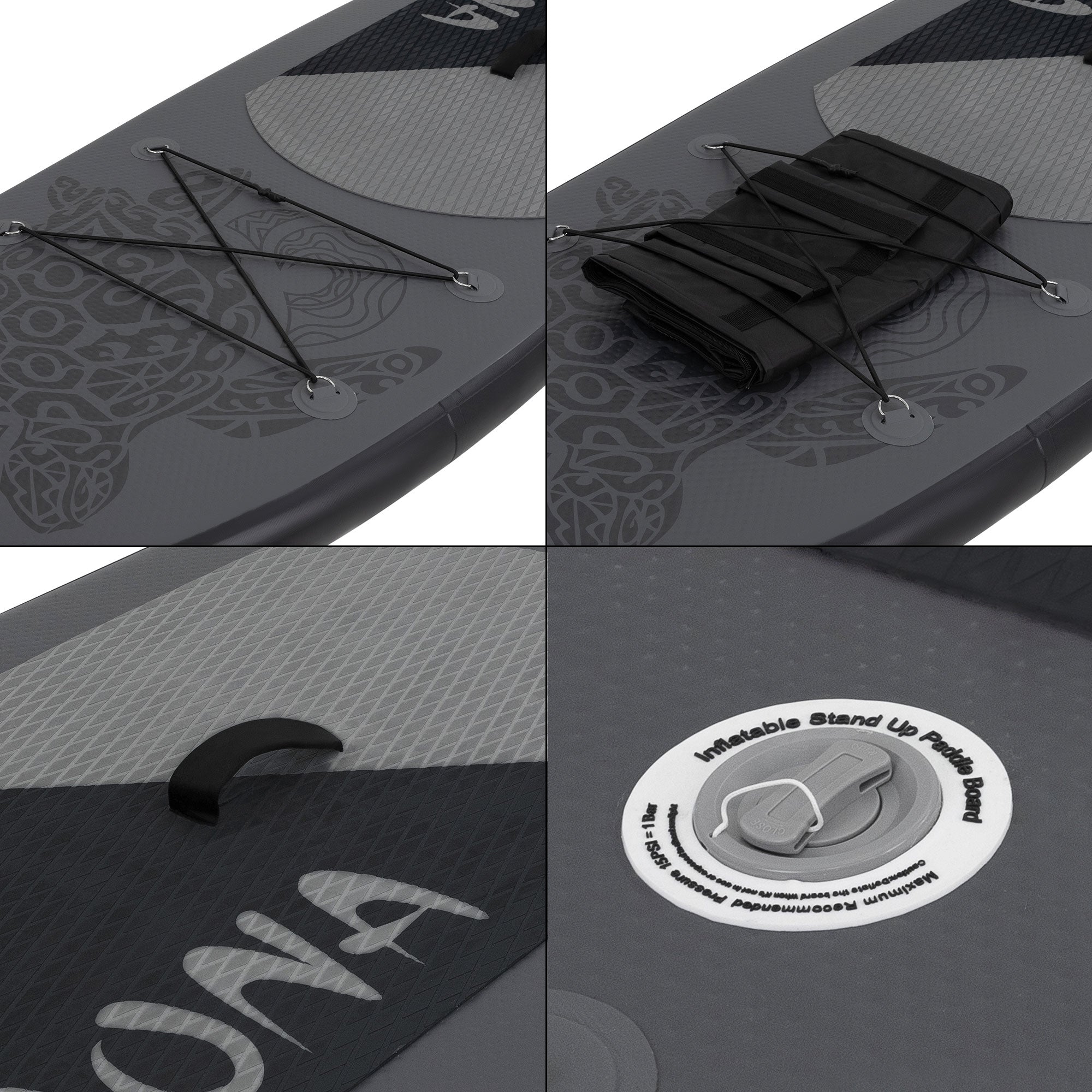 Detailansicht eines aufblasbaren Stand Up Paddle Boards mit Schnürung und Ventil.