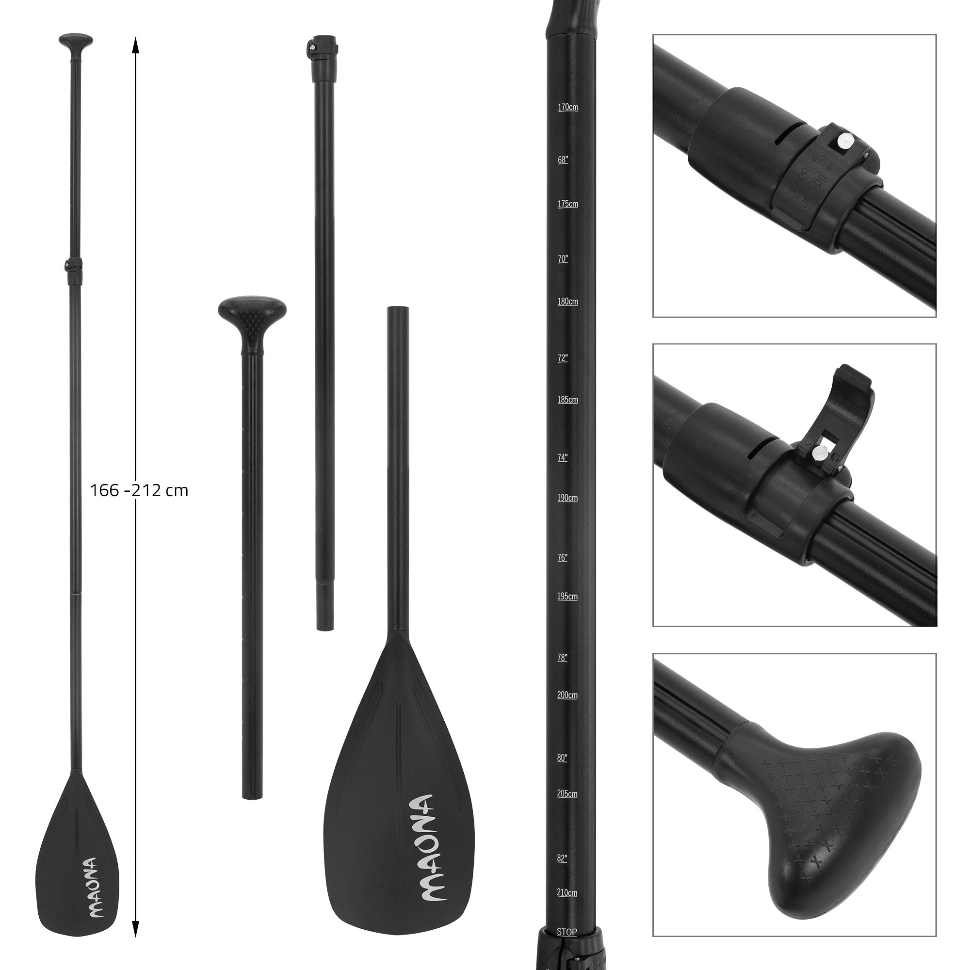 Schwarzes Paddel mit verstellbarer Länge von 166 bis 212 cm.