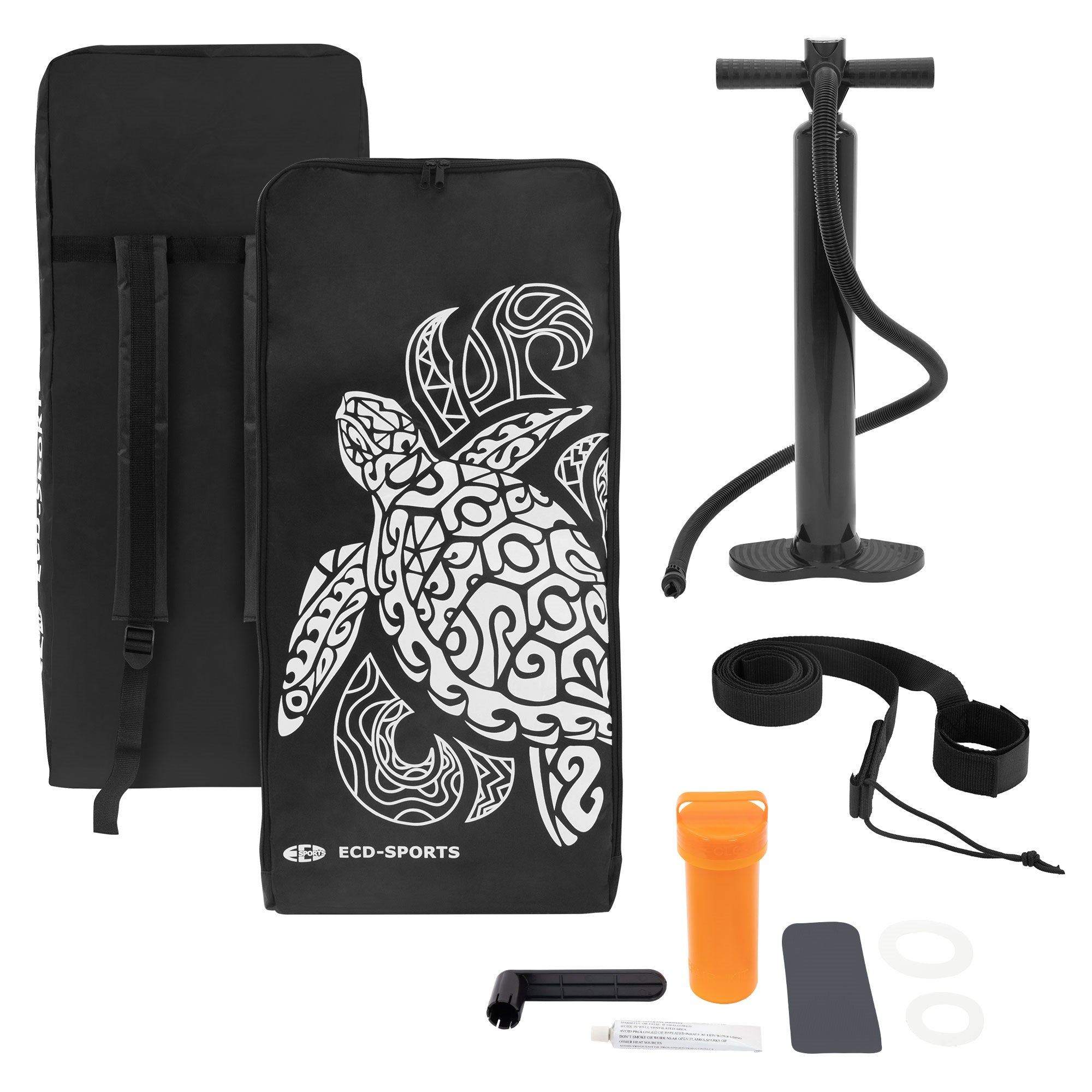 Zubehör für ein Stand-Up-Paddleboard, einschließlich Tasche, Pumpe und weiteren Teilen.
