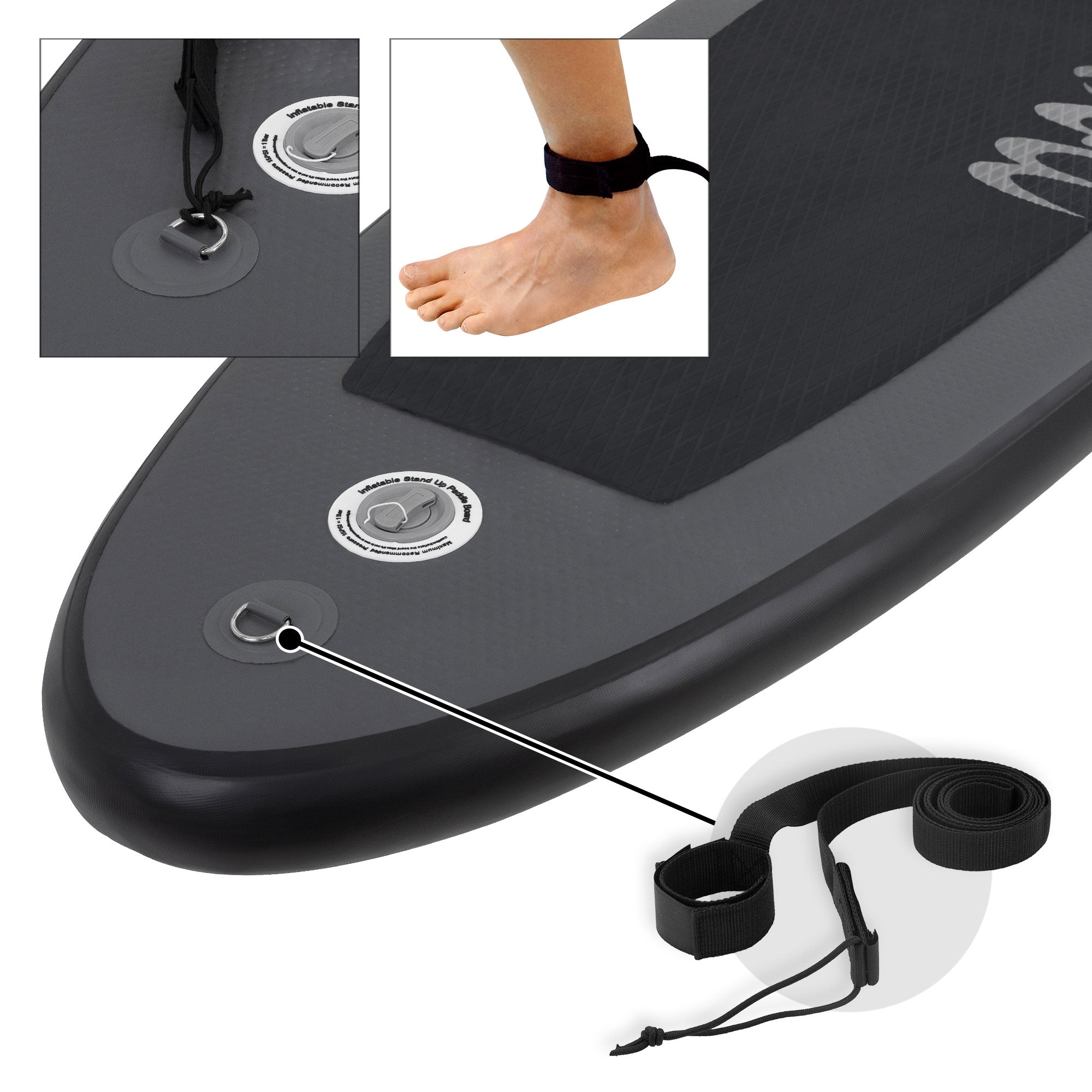 Detailansicht eines Stand-Up-Paddle-Boards mit Sicherheitsleine und Fußgurt.