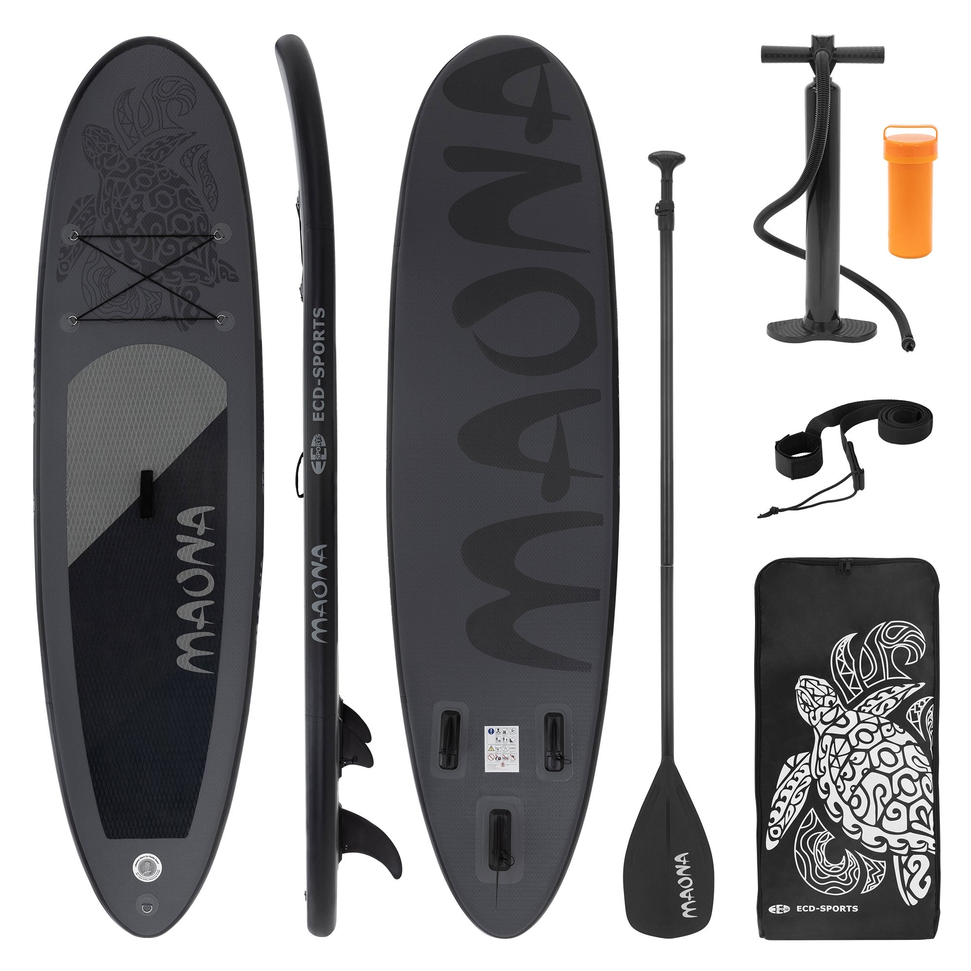 Schwarzes Stand-Up-Paddle-Board mit Paddel, Pumpe und Tragetasche.