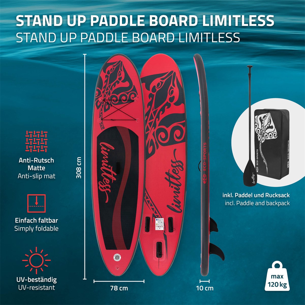 Stand-Up-Paddle-Board in Rot mit Zubehör und Faltoptionen.