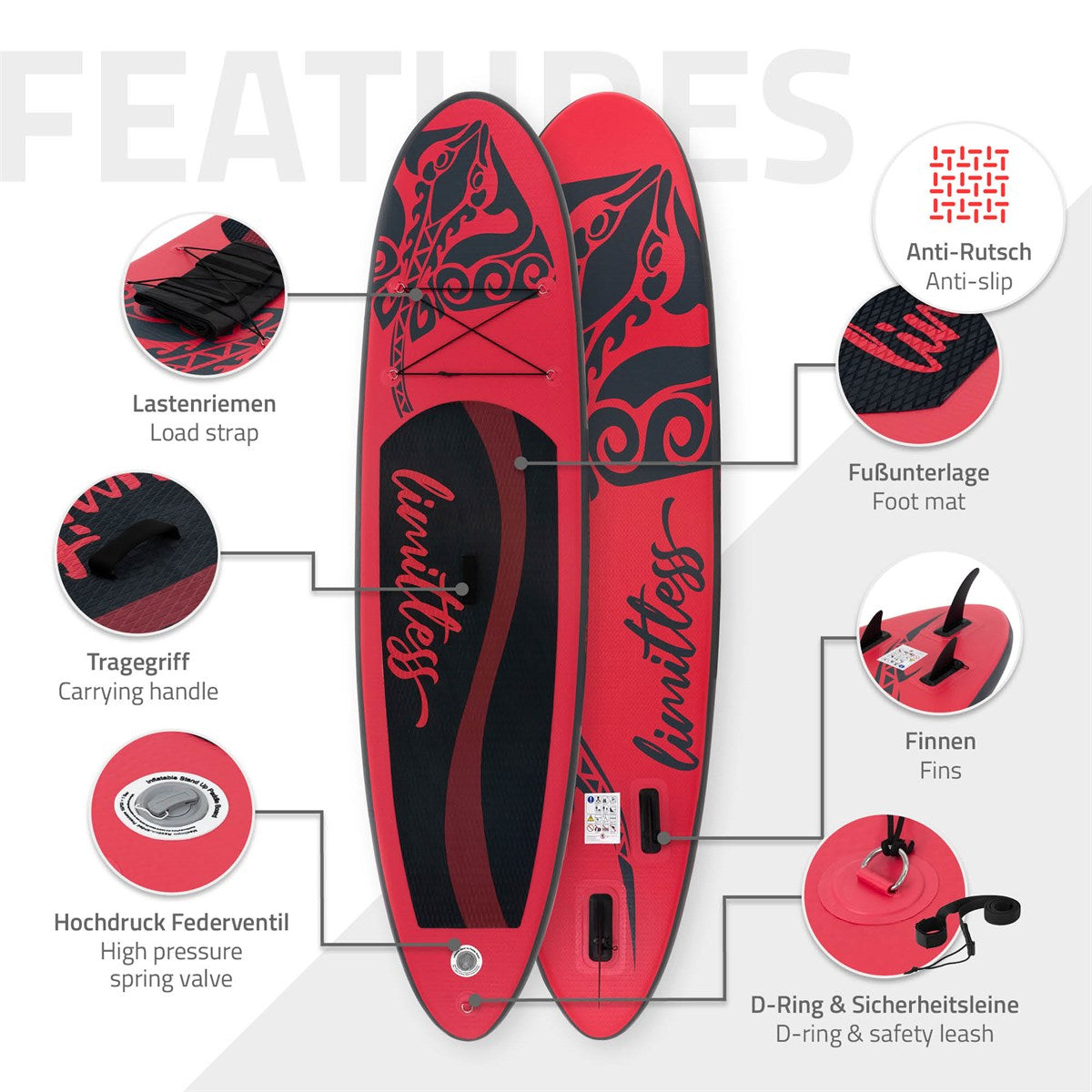 Rotes Stand-Up-Paddle-Board mit verschiedenen Merkmalen und Zubehör.