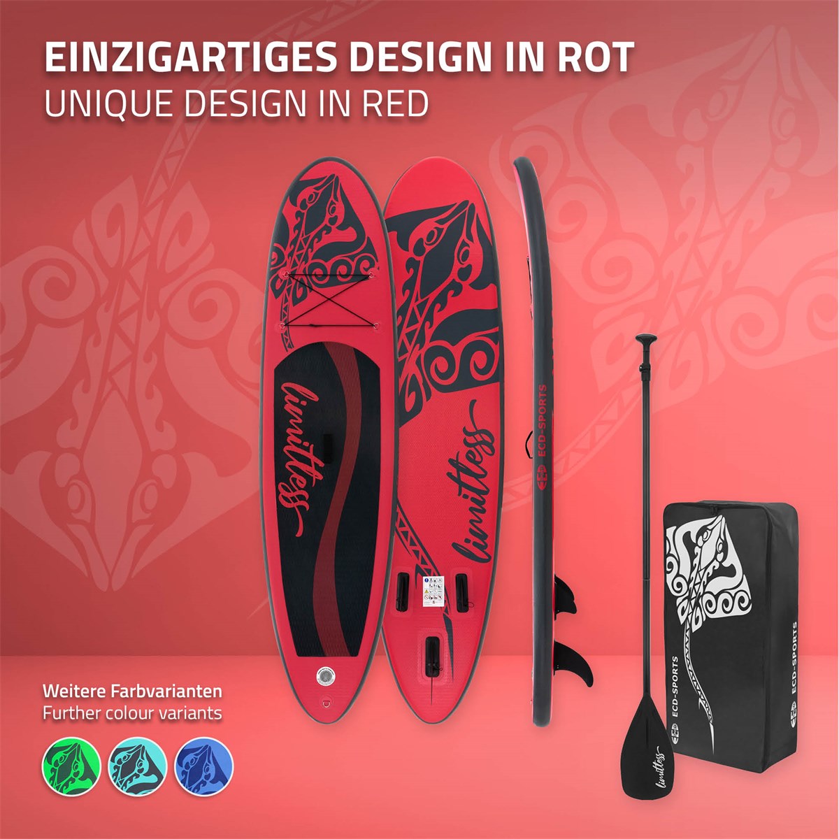 Rotes Stand-Up-Paddle-Board mit Design und Zubehör in einer Tragetasche.