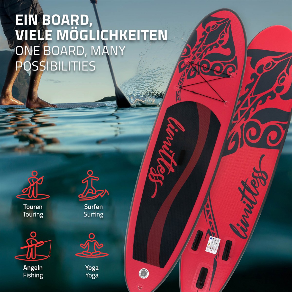 Bild eines roten Stand-Up-Paddleboards mit verschiedenen Nutzungsmöglichkeiten.