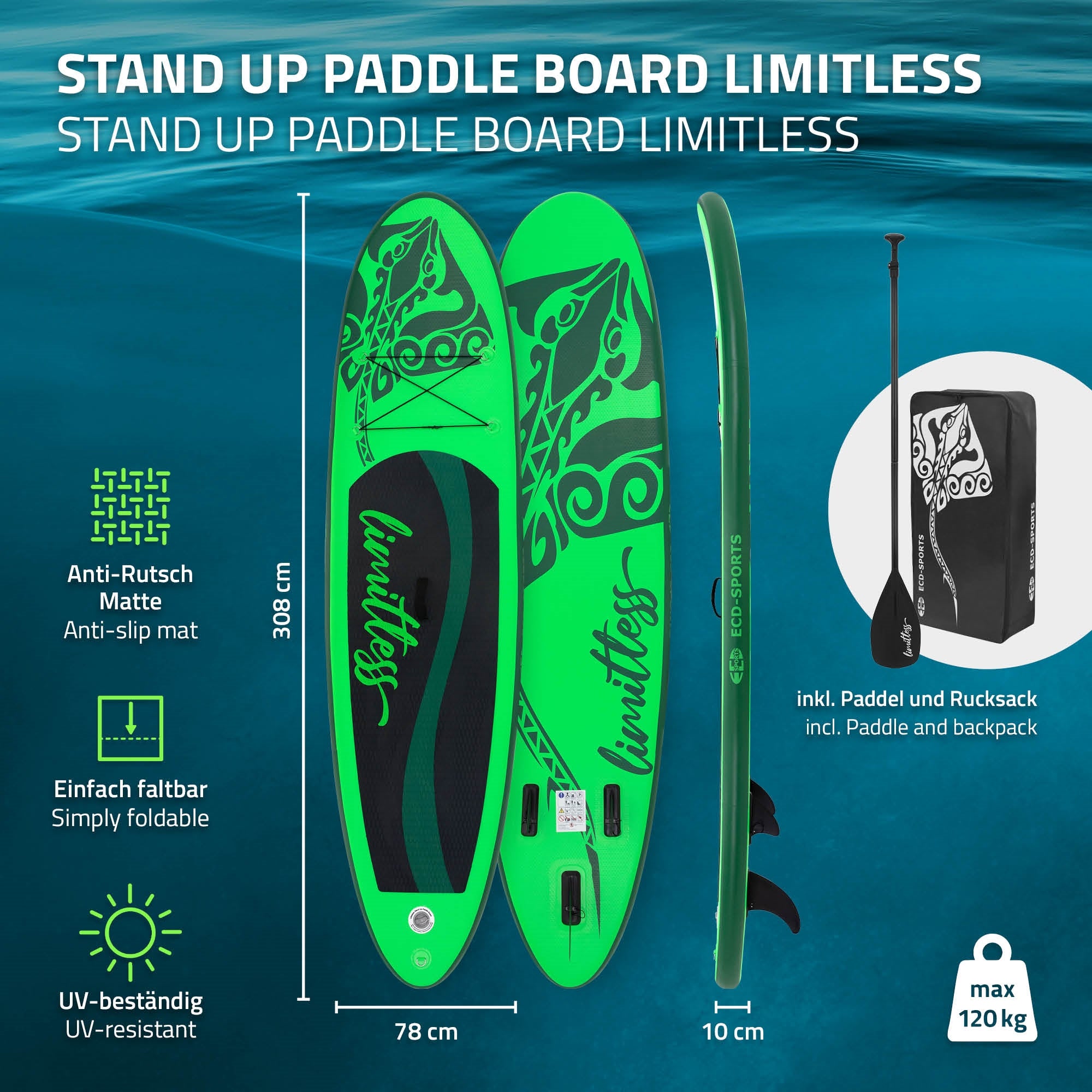 Graphic of a green stand-up paddle board with accessories and features.