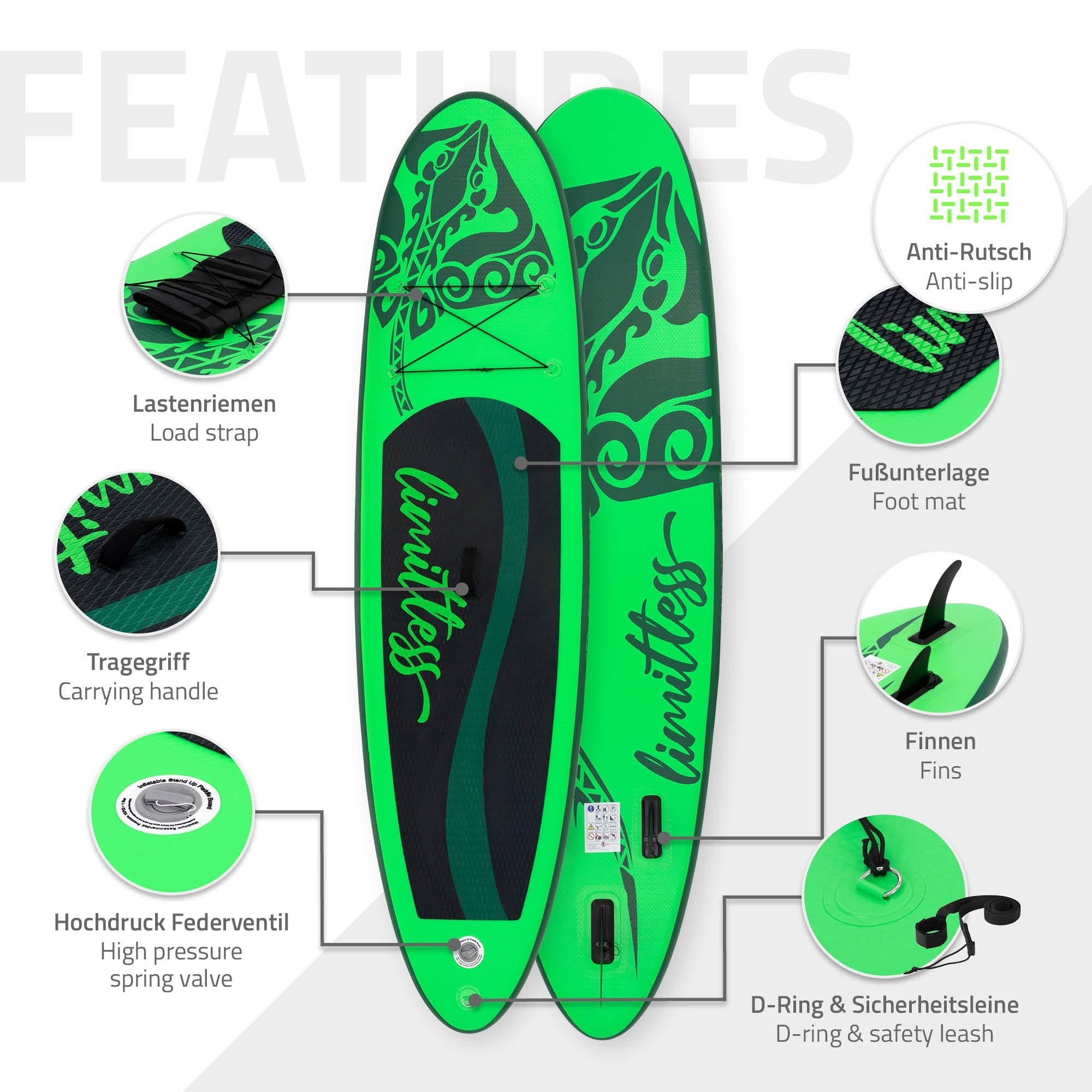 Green stand-up paddle board with various features and accessories.