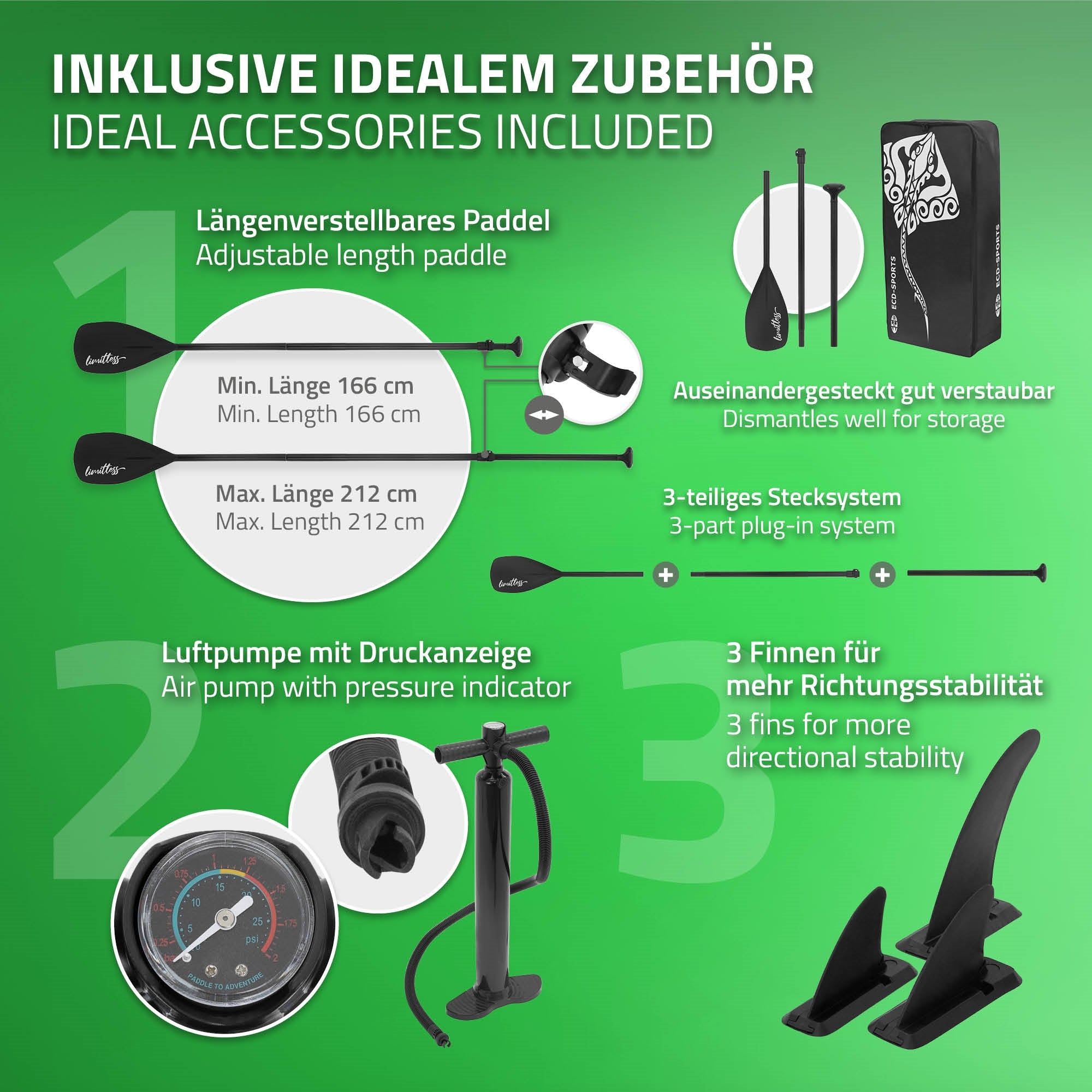 Graphic with accessories for a paddle, including paddle, pressure gauge, and fins.