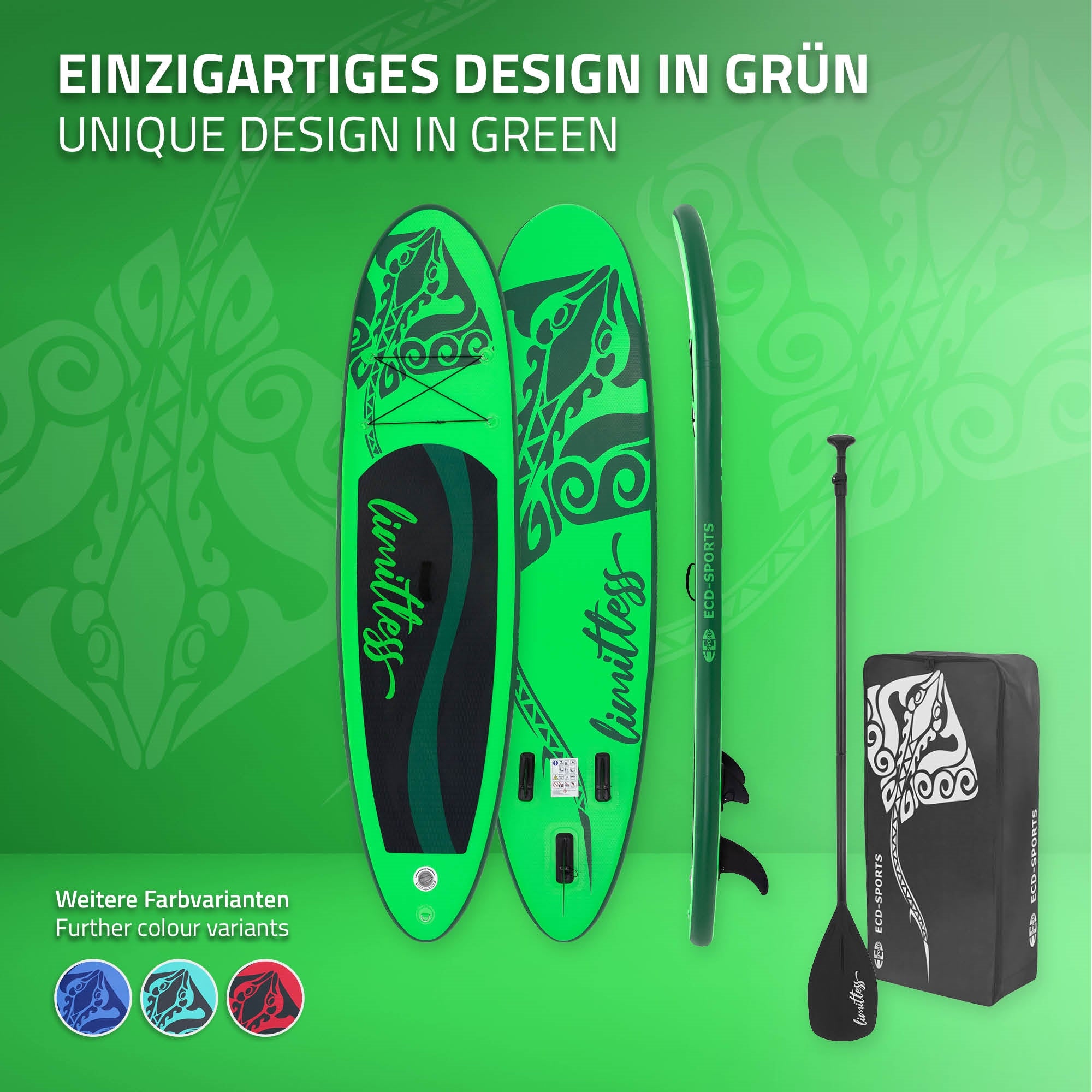 Green stand-up paddle board with decorative patterns and accessories.