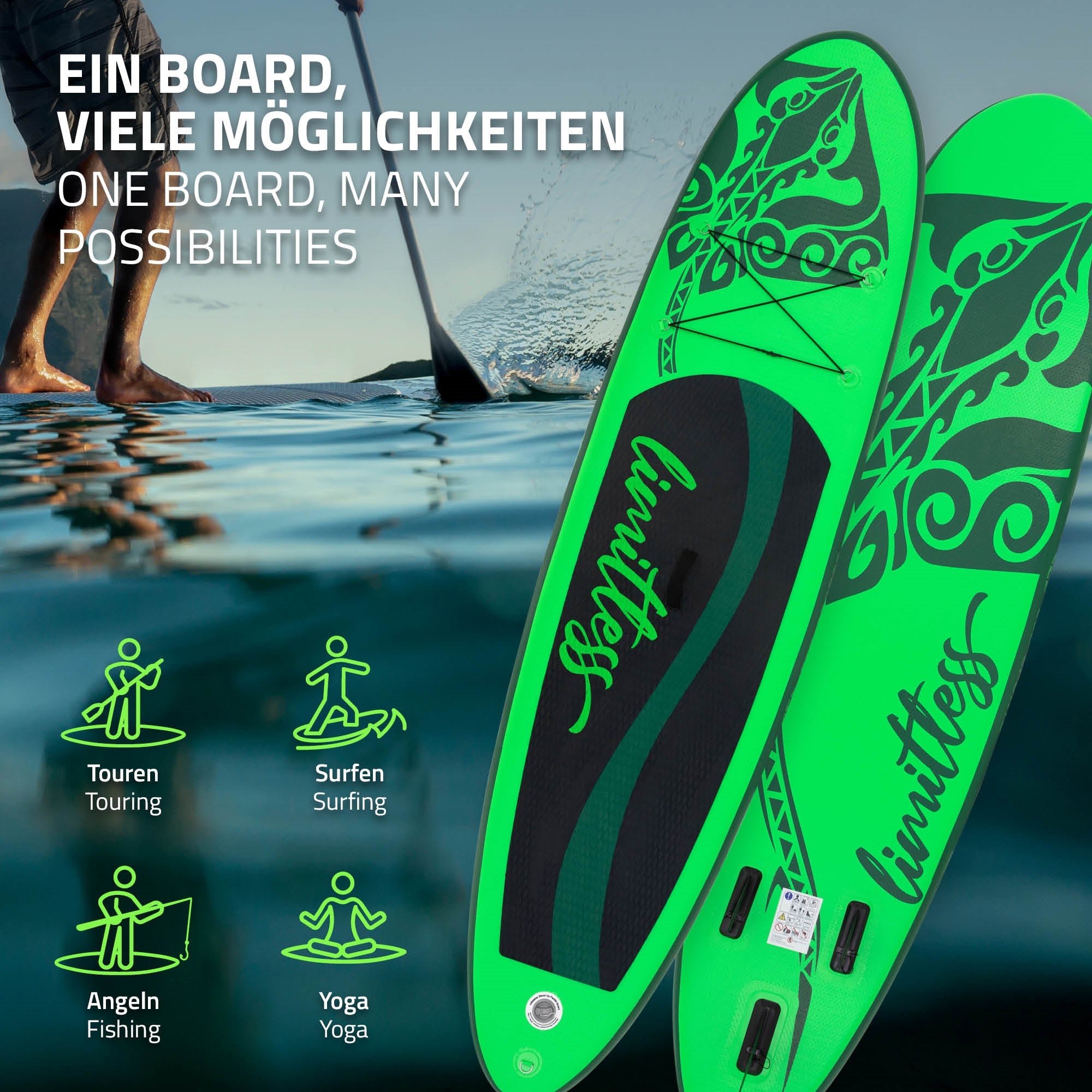 Green stand-up paddle board with various usage options and symbols.