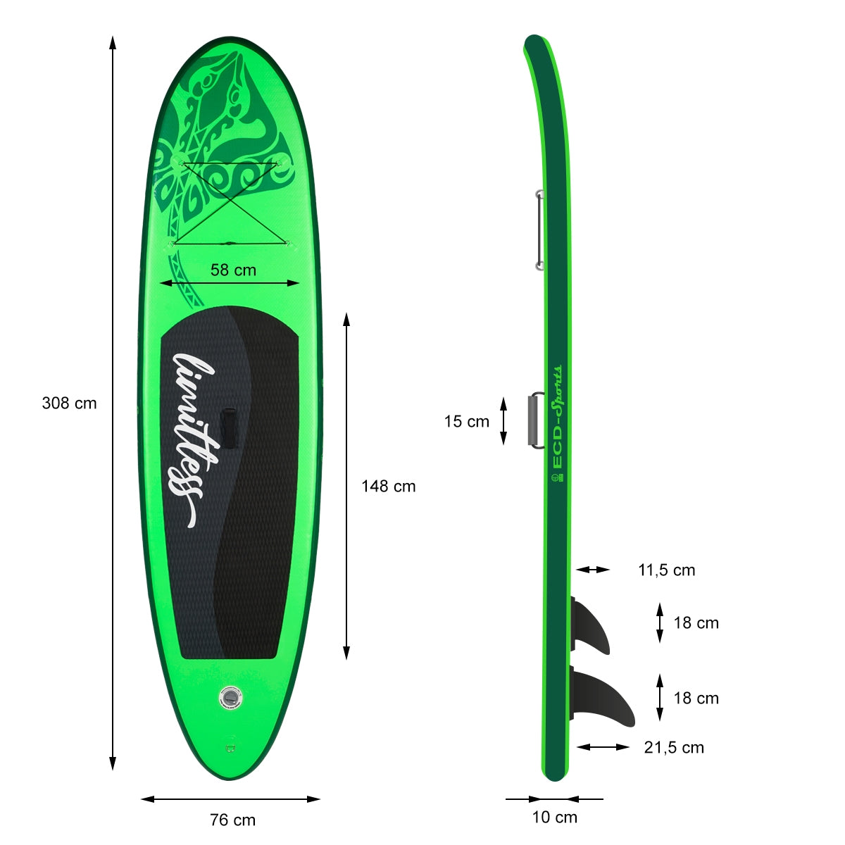 Dimension drawing of a green stand-up paddle board with various measurements.