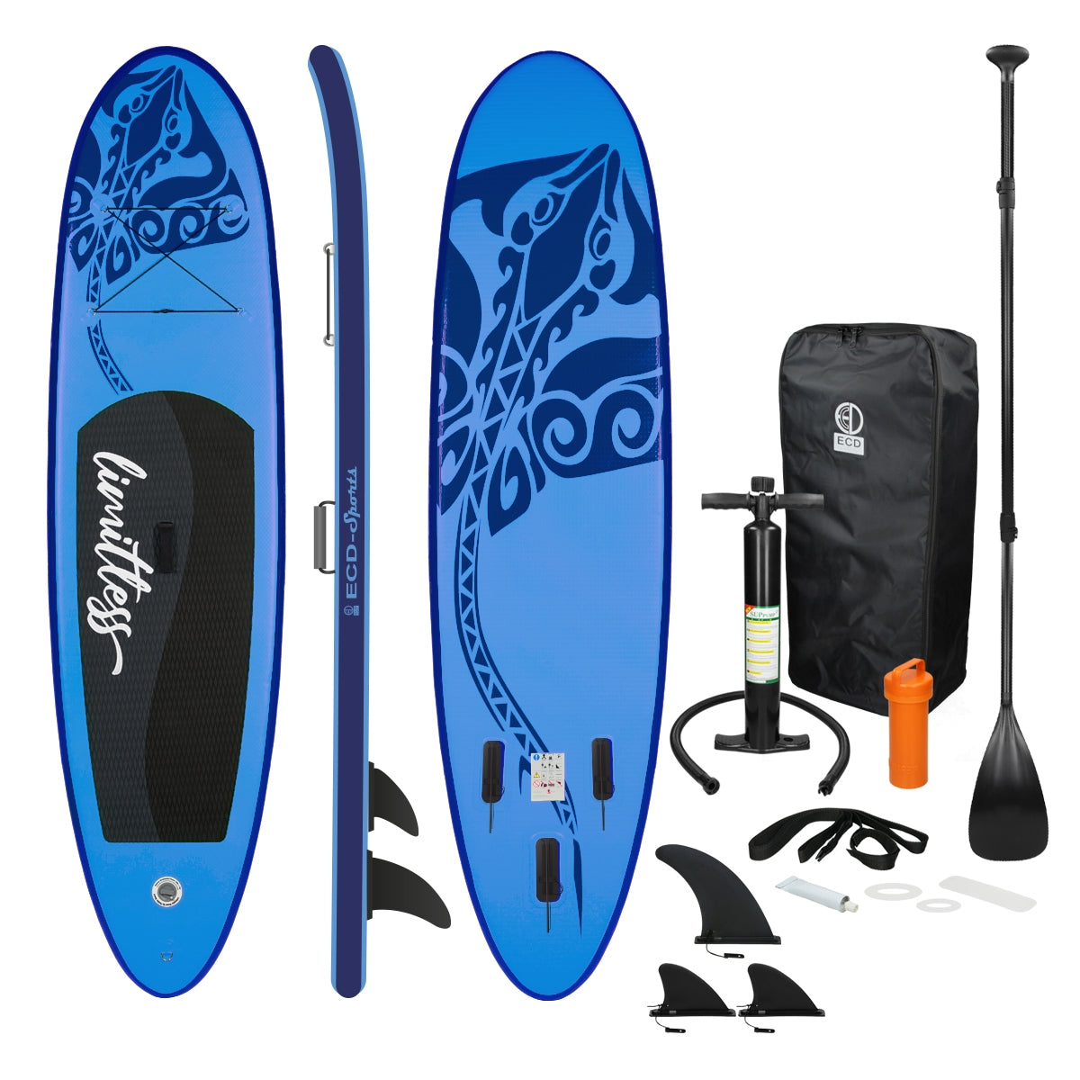 Stand-up paddle board in blue with accessories on a white background.