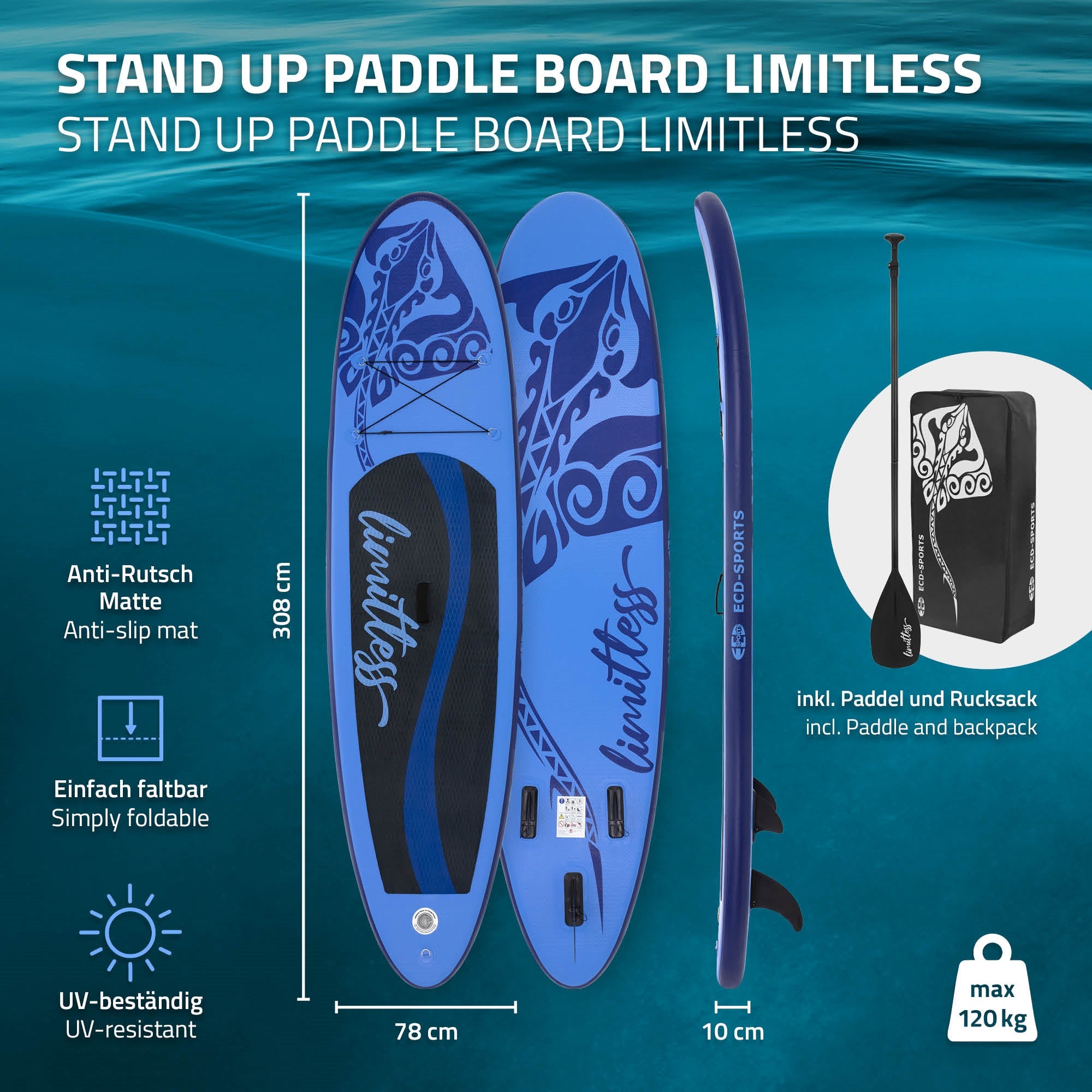 Stand-up paddle board with accessories and technical details.