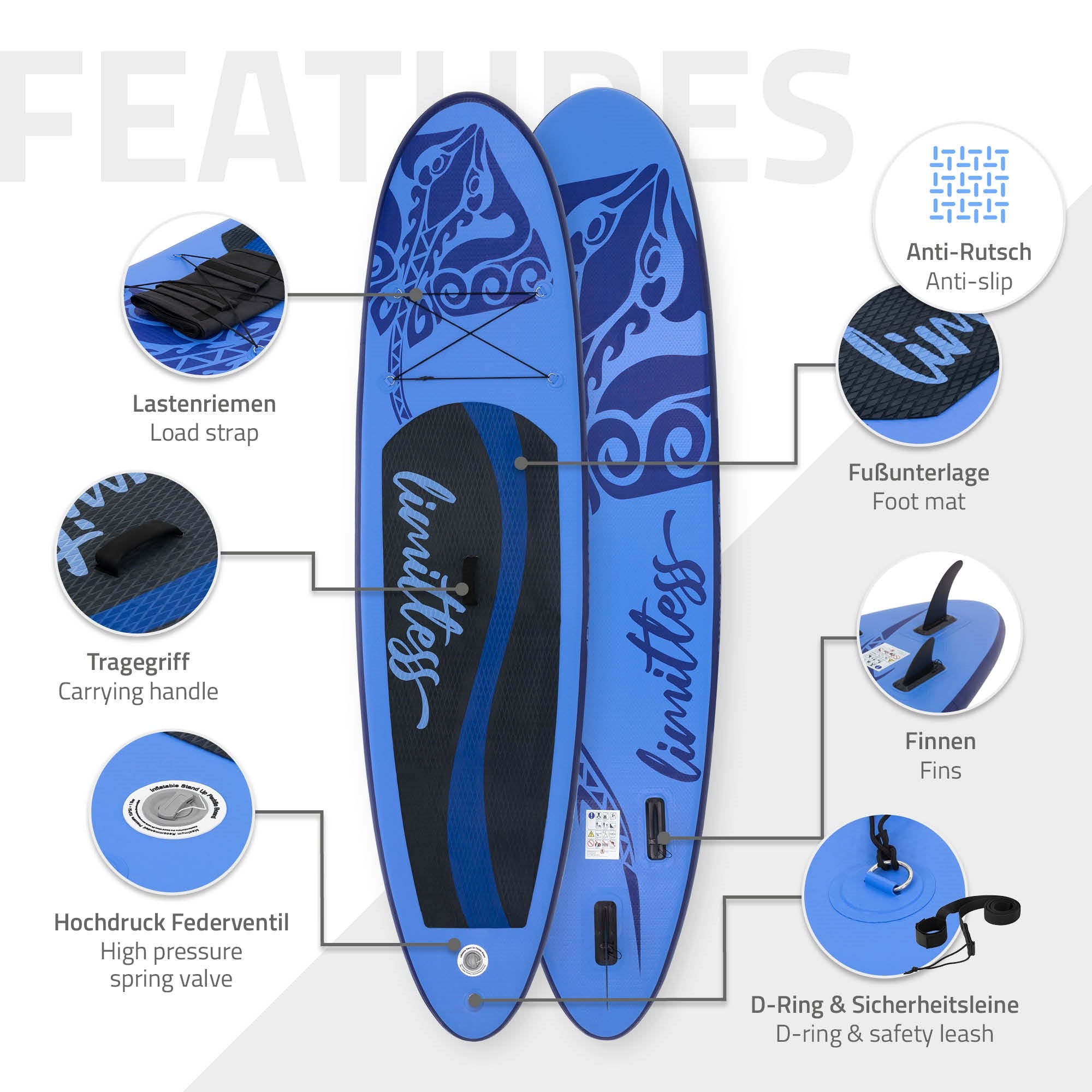 Blue stand-up paddle board with various features and details.