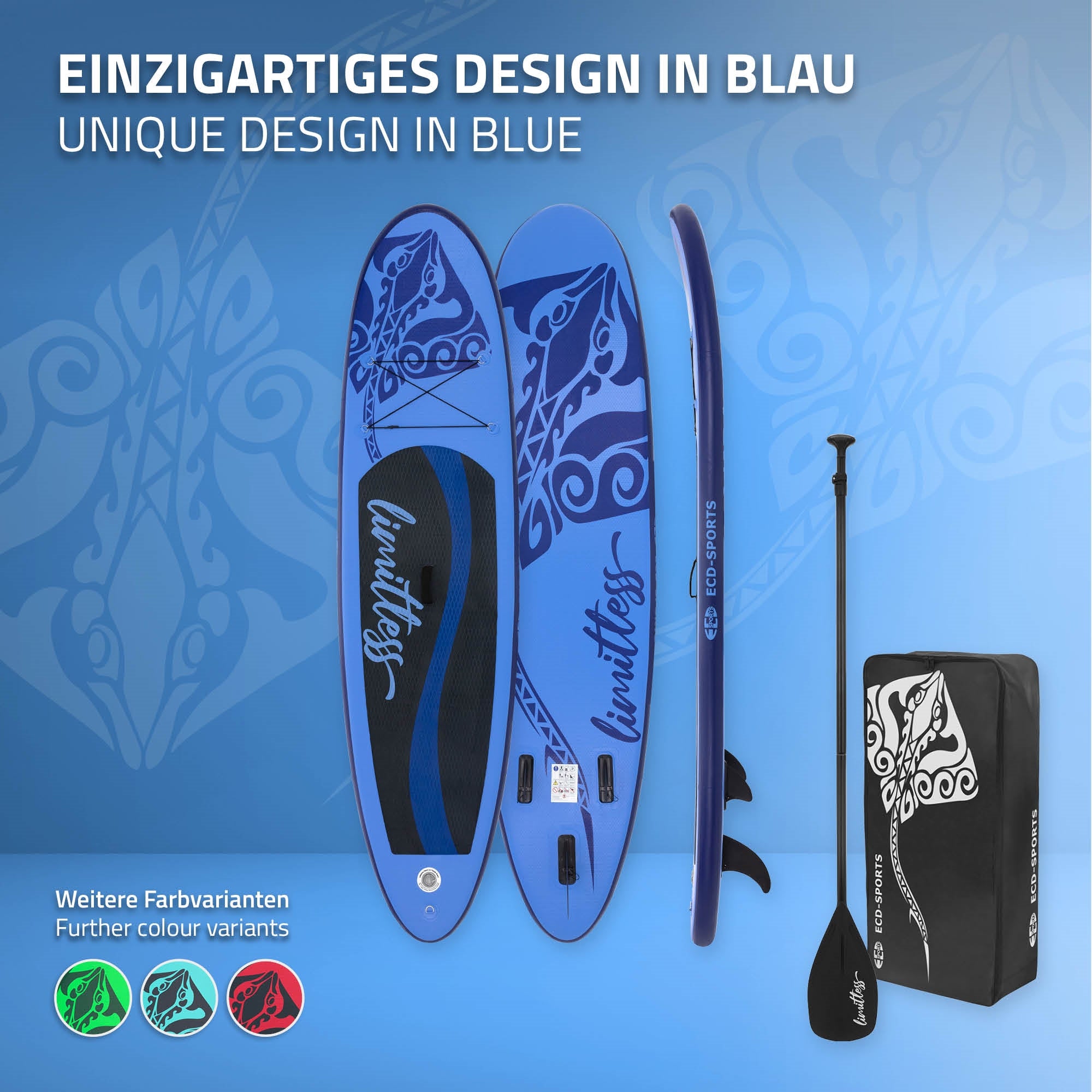 Two blue stand-up paddle boards with a paddle and a carrying bag.