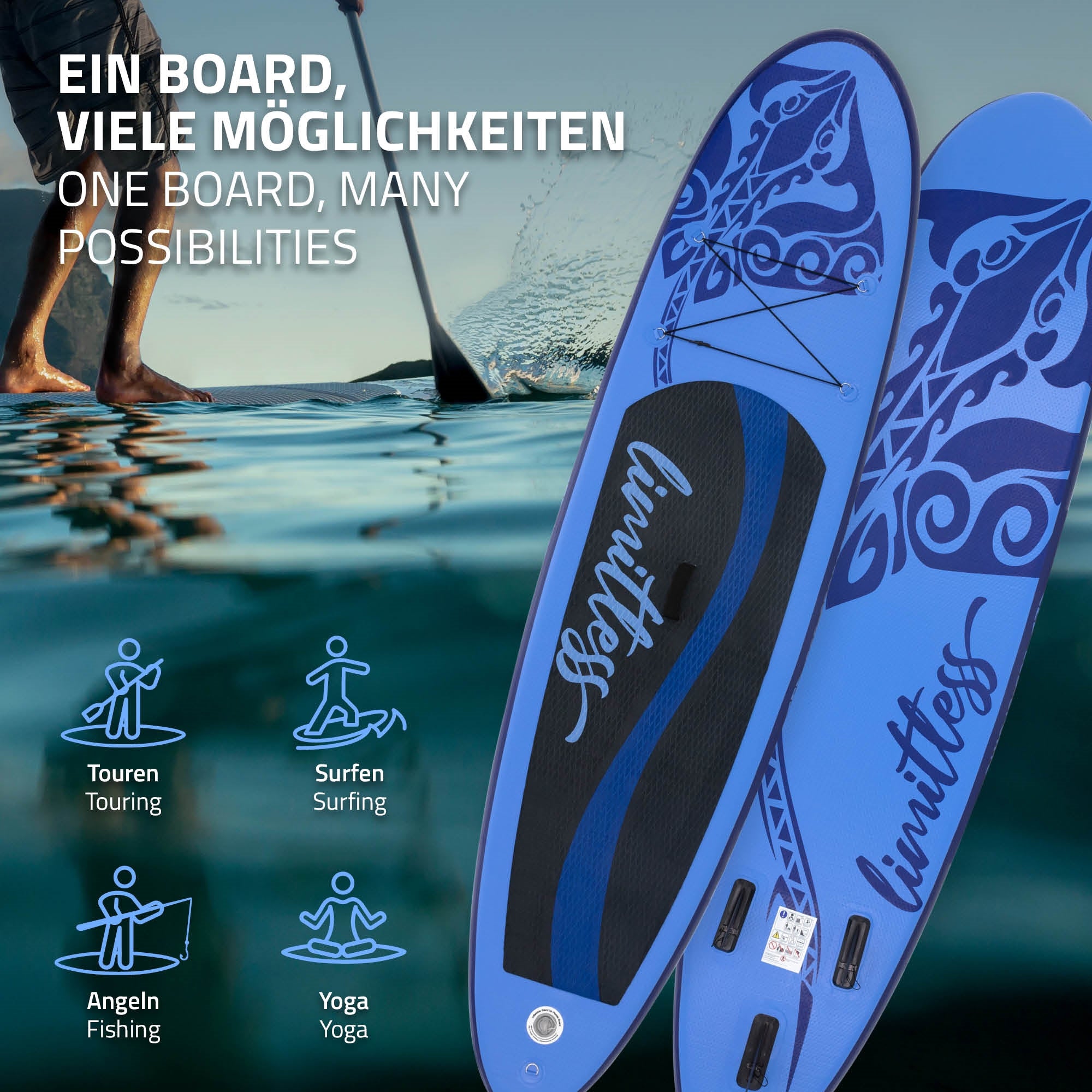 Two blue stand-up paddle boards with various symbols for activities.