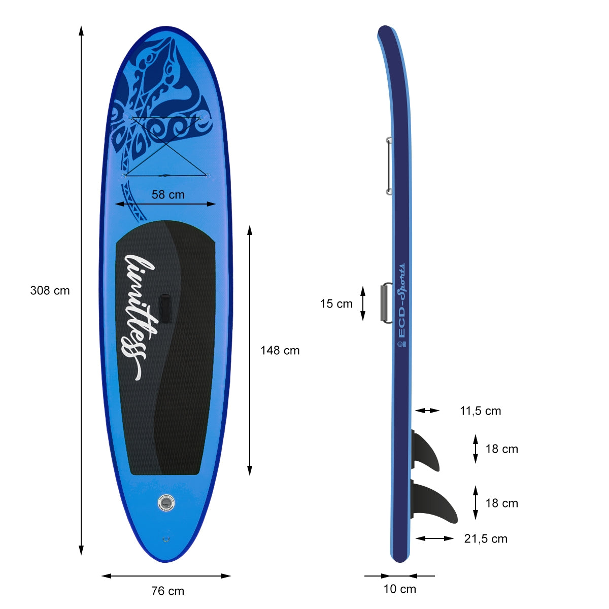 Side view of a blue stand-up paddle board with measurements and details.